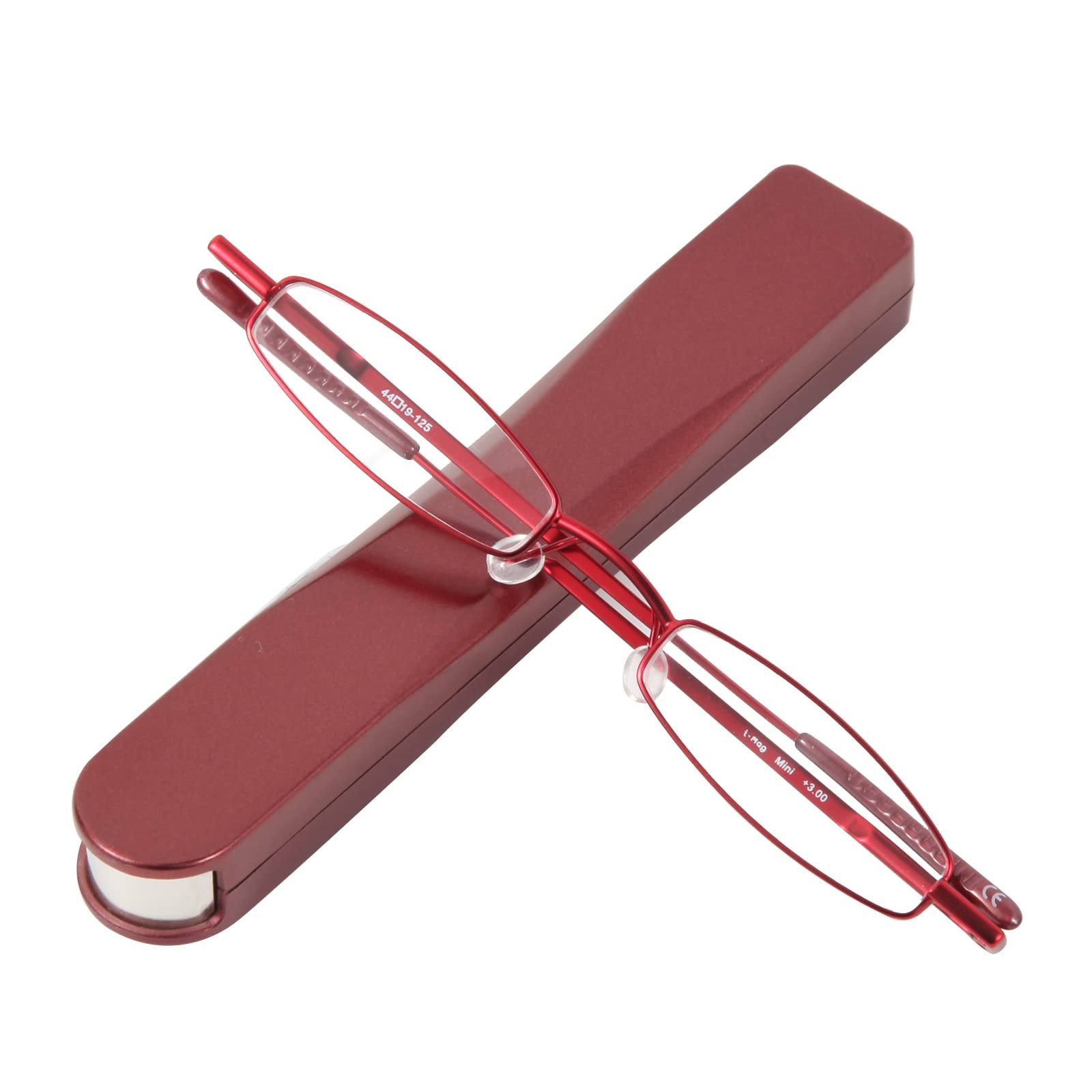I-Mag Mini Slim Metal Spring Hinge Reading Glasses with Push Button Slide Open Hard Case (1.00 Red) Scratch Resistant Acrylic Lens Lightweight Stylish