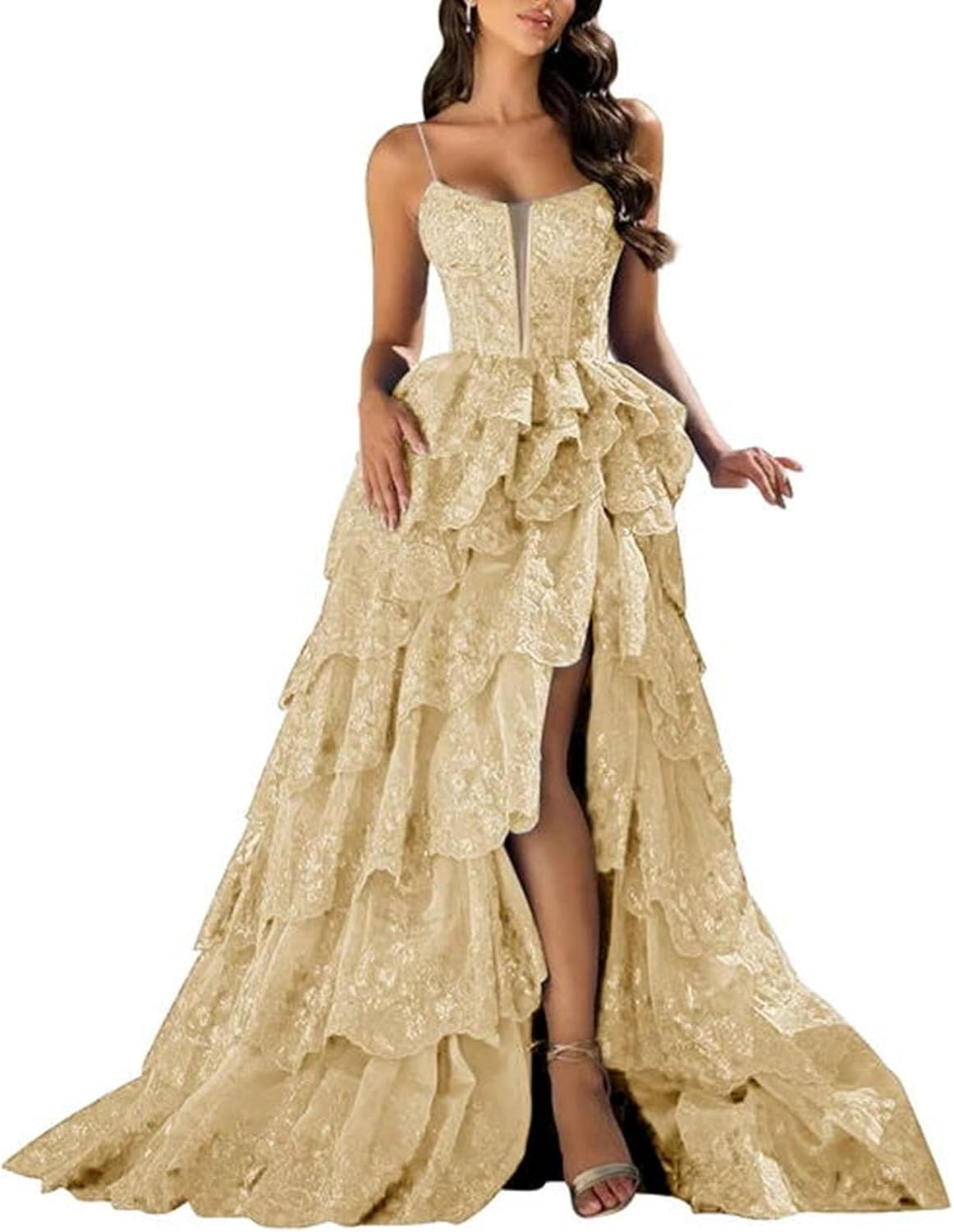 Women's Tiered Tulle Prom Dresses Spaghetti Straps Formal Corset Evening Party Gowns with Slit