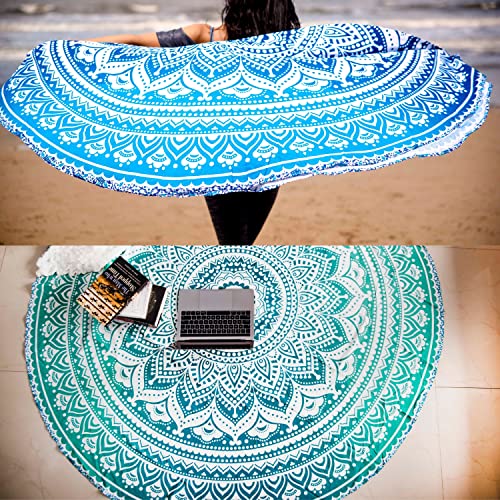 Folkuture Ser aus 2 runden Ombre-Mandala-Wandteppiche im Bohemia-, Hippie-, Zigeunerstil, geeignet als Tischdecke oder für Picknick, am Strand, beim Yoga, 182 cm, baumwolle, blau / grün, 72 Inches Cover