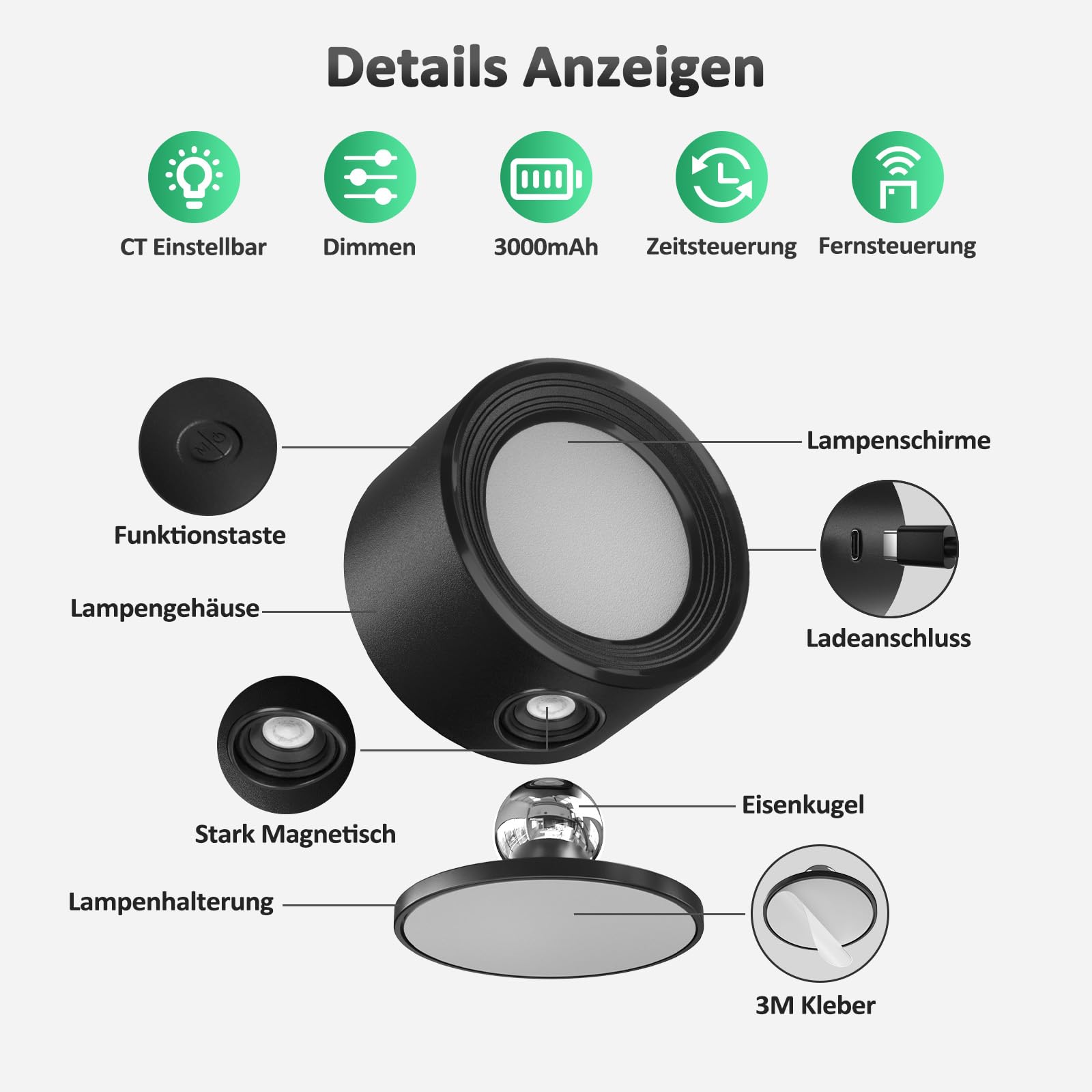 LED Wandleuchte Innen, 2 Stück Akku Wandlampe mit Fernbedienung Kabellos Leselampe, 3 Farbmodi Dimmbar Nachttischlampe Wandlicht, 360° Drehbare Aufladbare Leuchten für Treppe Wohnzimmer Schlafzimmer