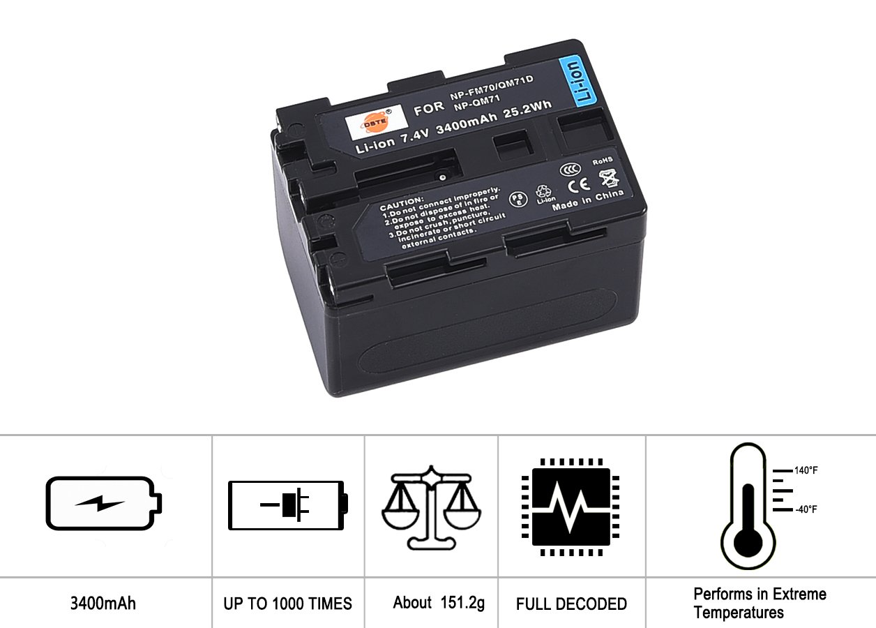 DSTE Lot de 2 batteries Li-ion compatibles avec Sony NP-FM70 NP-QM71 NP-QM71D DCR-PC115 DCR-PC120 DCR-PC330 DCR-TRV25 DCR-TRV27 DCR-TRV30 DCR-TRV33