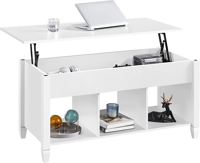 Yaheetech Lift Top Coffee Table, Wooden Lifting Coffee Table with Hidden Storage Drawer and Open Shelf for Living Room, White, 104.5 x 49.5 x (49-63) cm