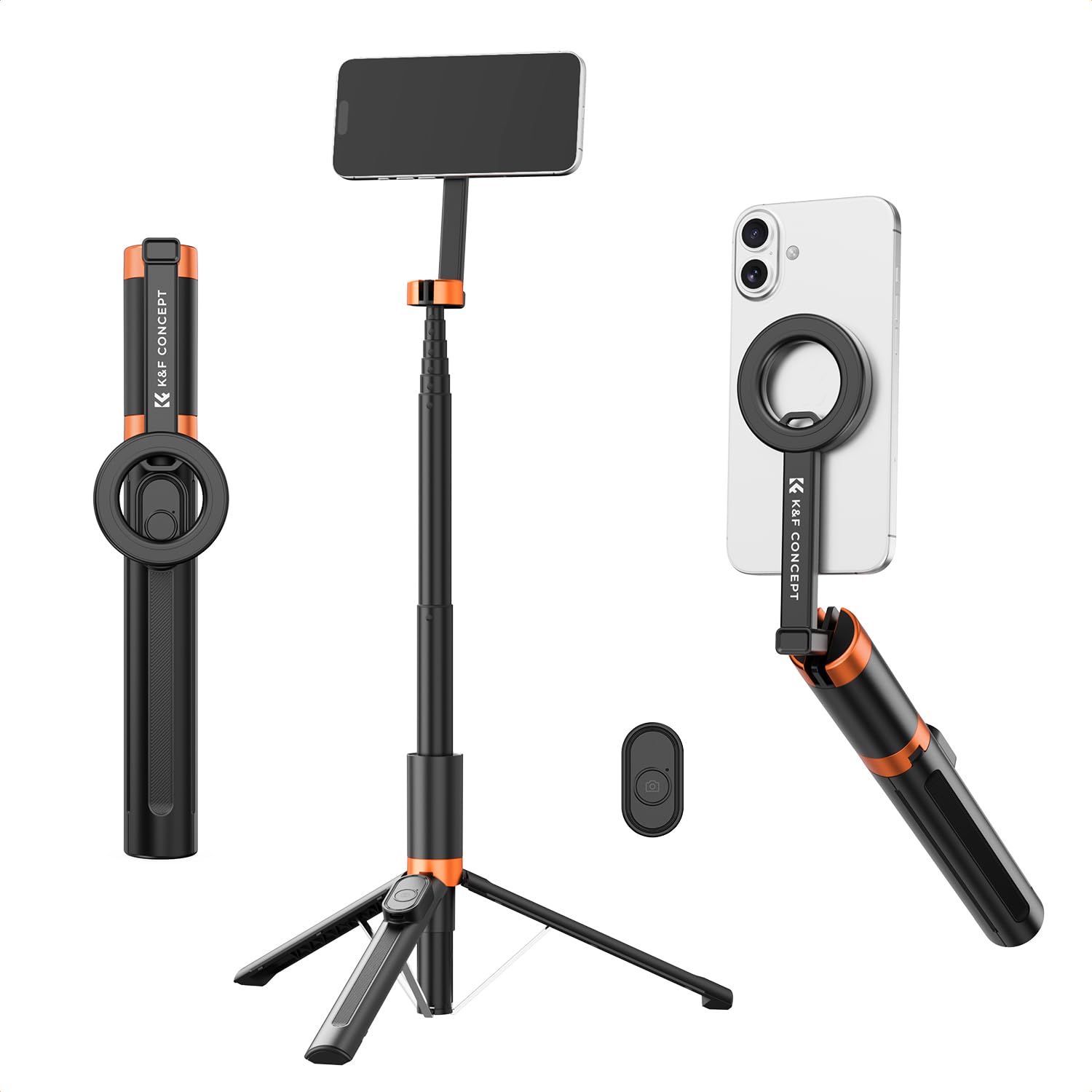 K&F CONCEPT 180cm Treppiede Mag-safe, Leggero Selfie Stick Mag-safe con Telecomando Bluetooth. Struttura in Alluminio, a 3 Assi per Vlog, Compatibile con iPhone 17 16 15 14 Pro e Pro Max e Android