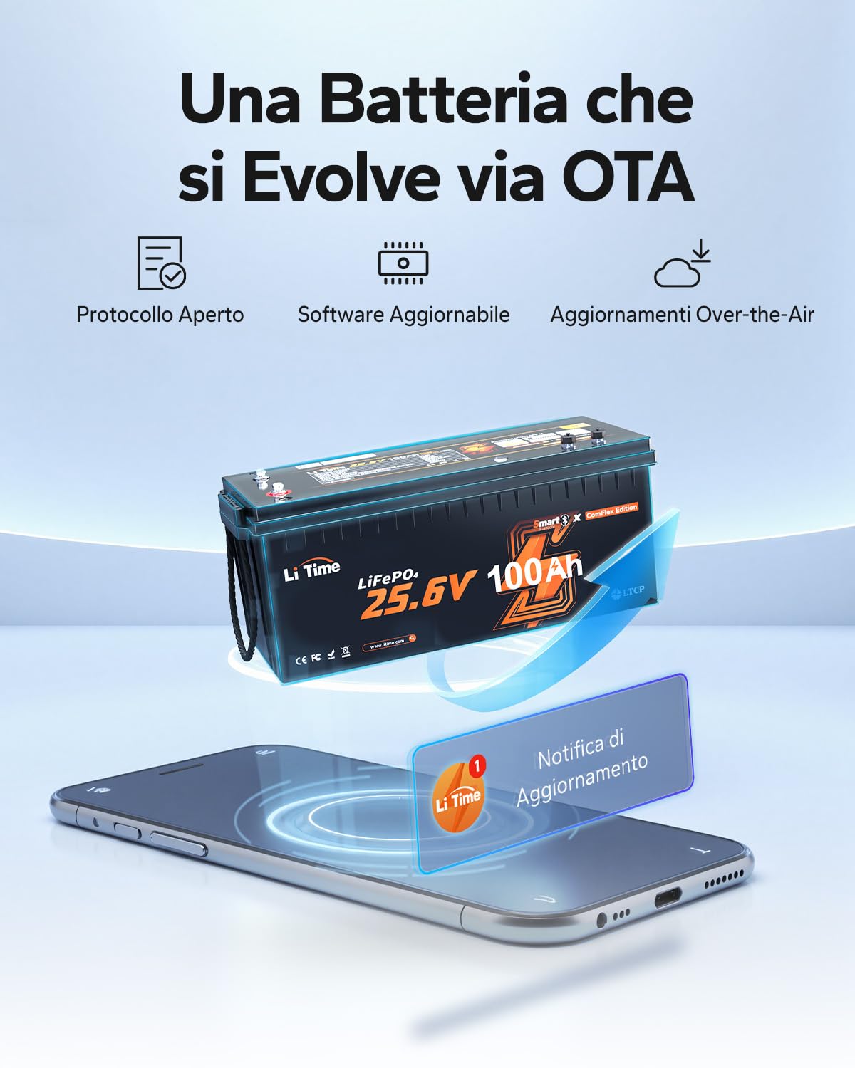 LiTime Batteria Litio 24V 100Ah LiFePO4 con Bluetooth supporta Victron, CAN/RS485, BMS 100A, 4000-15000 Cicli, Protezione Temperatura, Ideale per Camper, Barche, Sistemi Off-Grid