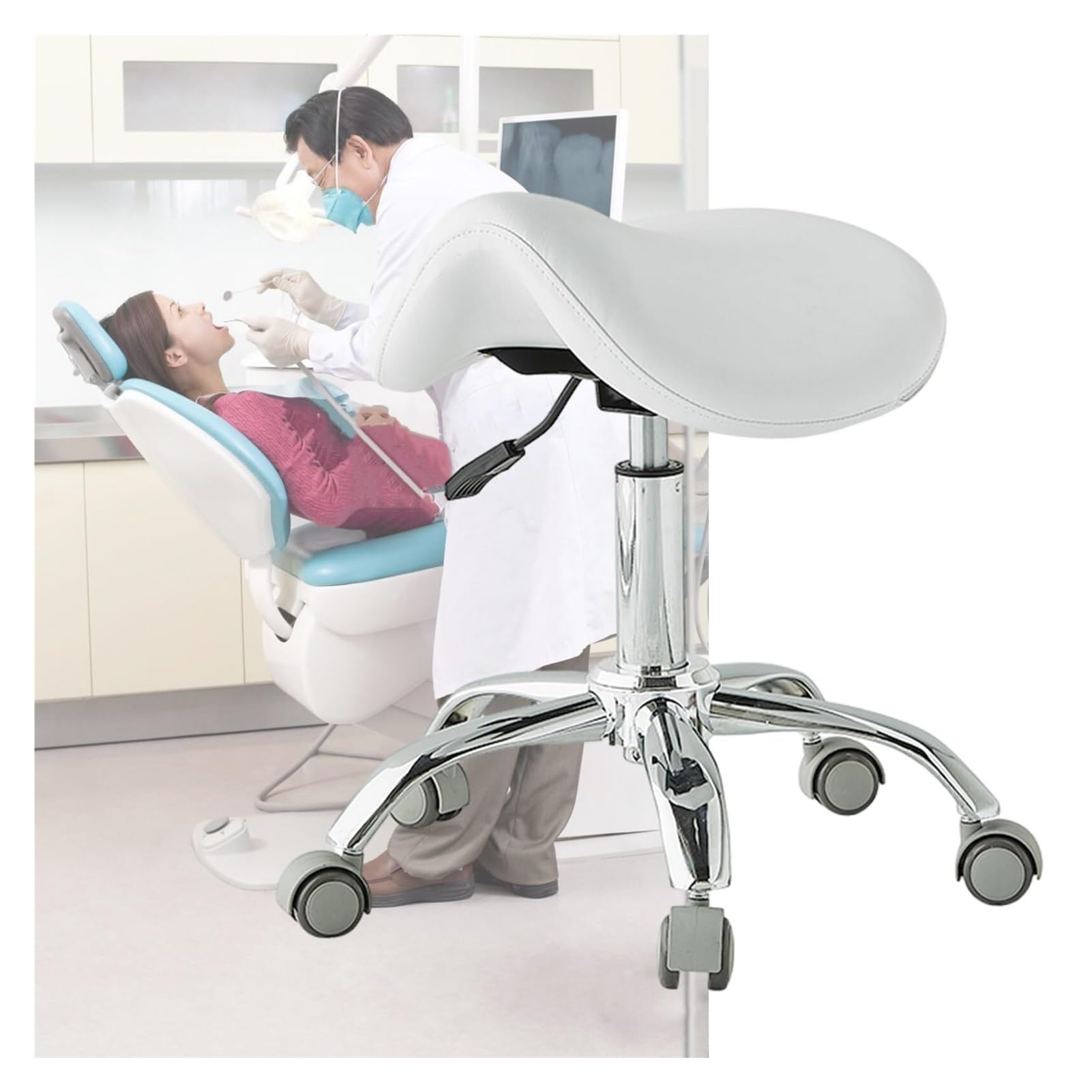METTEOR Ergonomic Saddle Stool Chair with Medical Wheels, 49~64 Cm Hydraulic Salon Saddle Chair for Dentist Hygienist, Easy to Slide Rolling Stool (White)