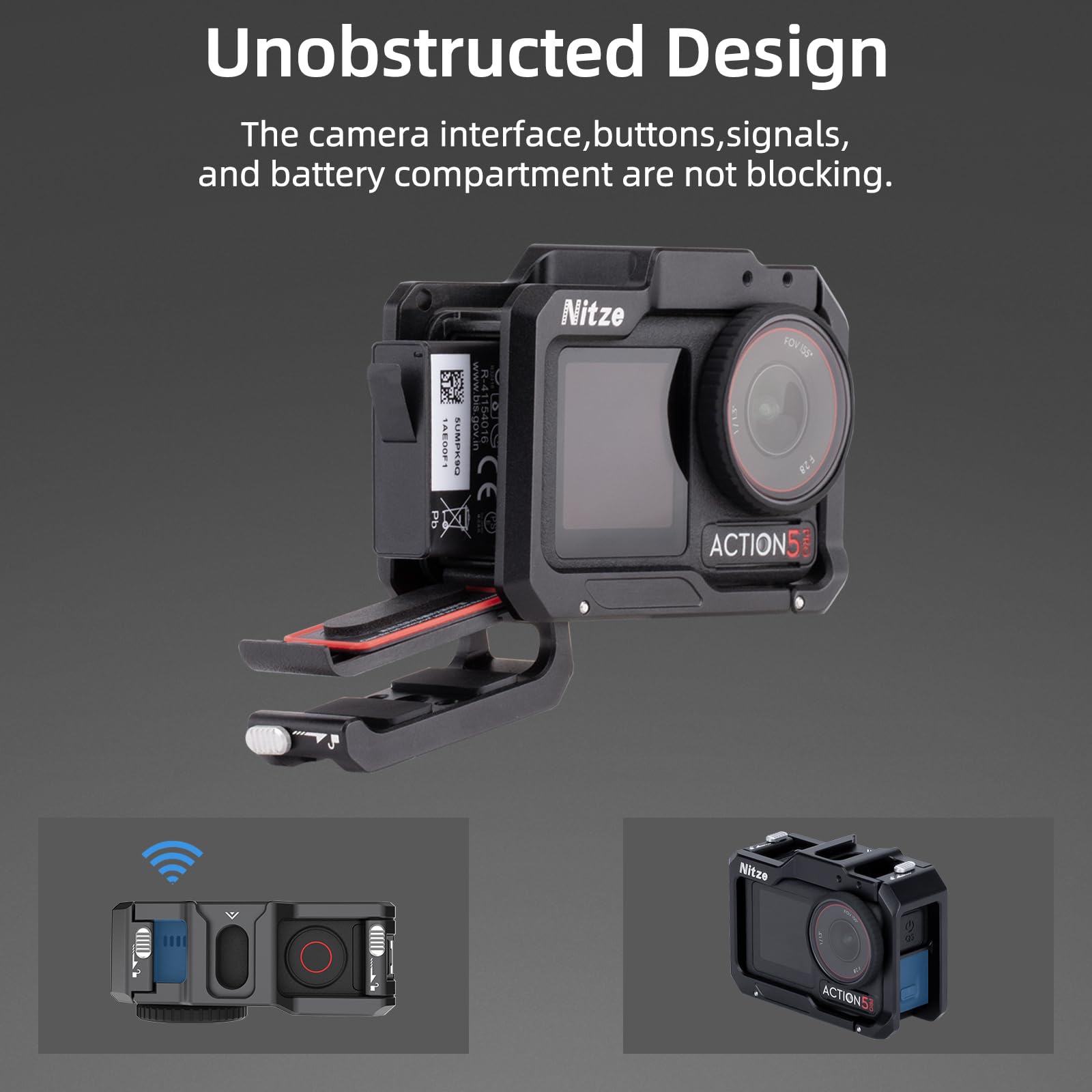 Nitze Cage pour DJI Osmo Action 5 Pro/ 4/3, Cage de Protection en Aluminium avec Interface Magnétique, Trous de Positionnement 1/4" et Cold Shoe pour Microphone ou Lampe Vidéo LED - T-D03A