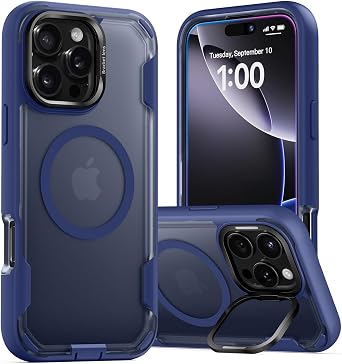 Mobnano for iPhone 16 Pro Max Case, Compatible with MagSafe, Translucent Matte Cover with Built-in Stand, Military-Grade Heavy Duty Protection, Shockproof Case with Camera Lens Guard - Blue
