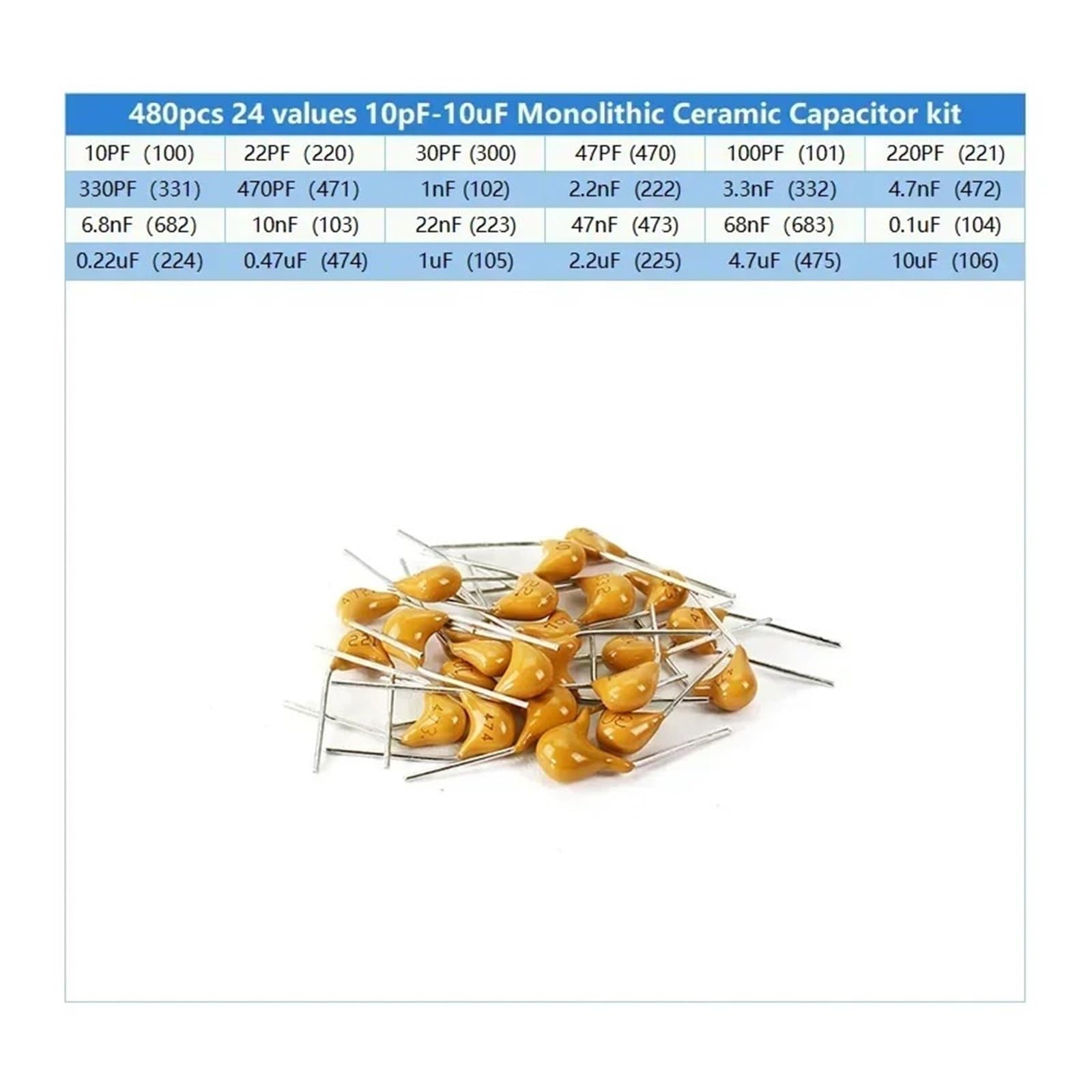 480 unids/caja 50V Kit de condensador cerámico monolítico 10pF-10μF 24 valores surtido for proyectos electrónicos de desacoplamiento de PCB