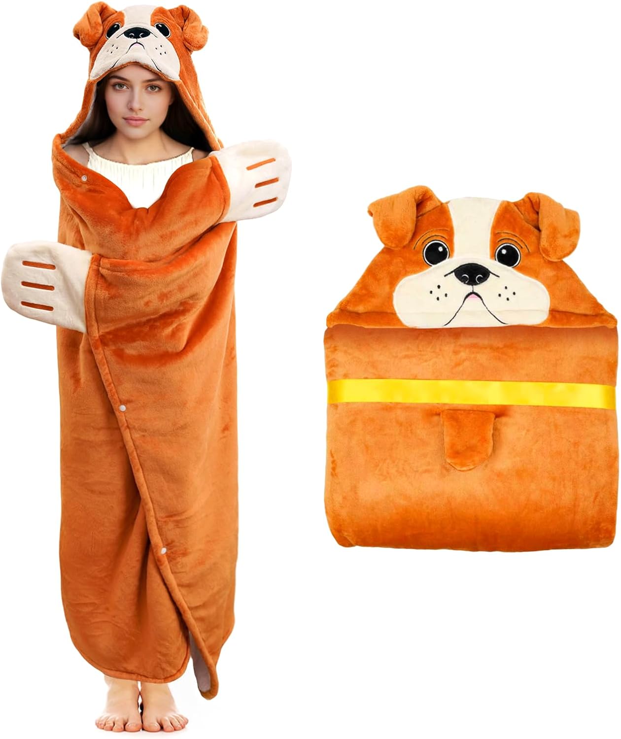 Tian Zhun English Bulldog Wearable Hooded Blanket for Women Fluffy Super Soft Flannel Adult Animal Blanket Gifts for Mothers Day Christmas Birthday 60" x 52"