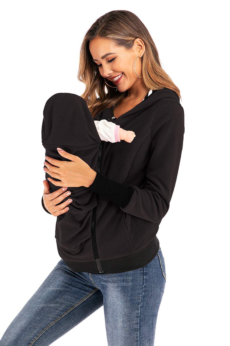Veste De Transport pour Maman Et Bébé 3 en 1 Polaire Veste Kangourou Softshell Maternité Blouson À Capuchon Femme Maternité Warm Porter des Chandails avec Insert Bébé (Noir,L)