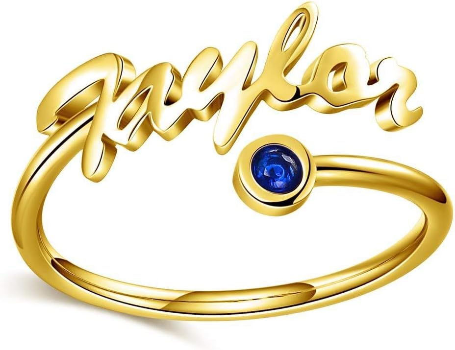 Sterling Silver Personalized Name Rings with Simulated Birthstone Custom Engraved Engagement Adjustable Rings for Women