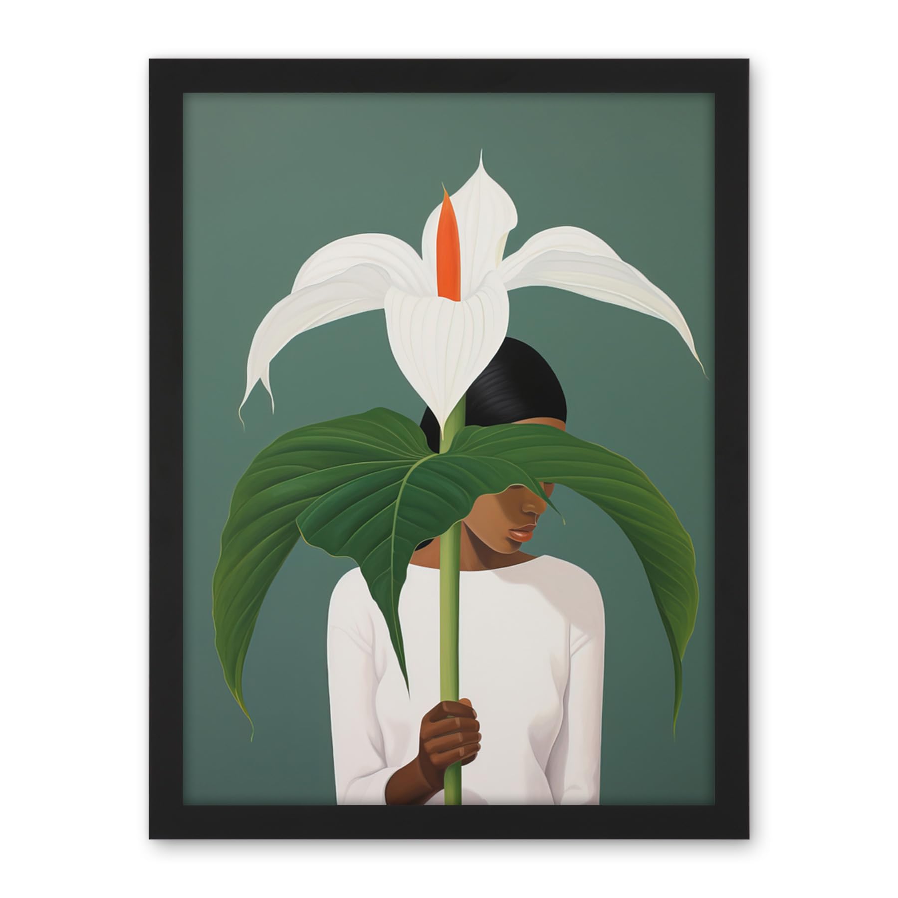 Artery8 Giant Peace Lily Showcase Realistic Oil Painting White Teal Green Woman with Flower Minimalist Artwork Framed Wall Art Print 18X24 Inch