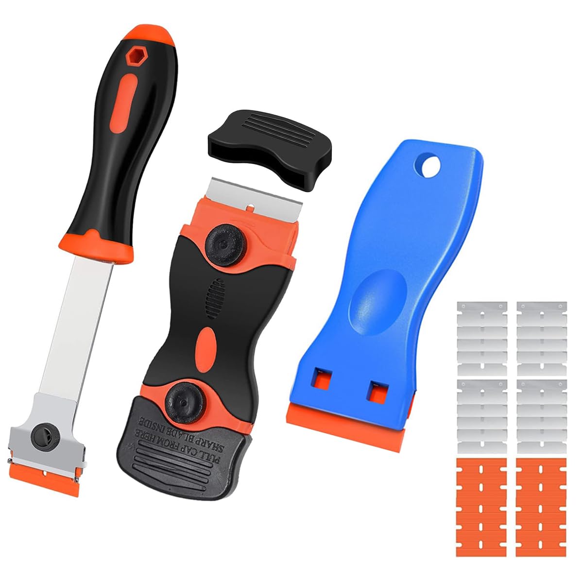 Razor Blade Scraper 3PCS, Razor Scraper Tool with 50 Plastic and 30 Metal Razor Blades, Cleaning Scraper, for Removing Label, Registration Sticker, Tint, Grease from Glass, Windshield, Appliance