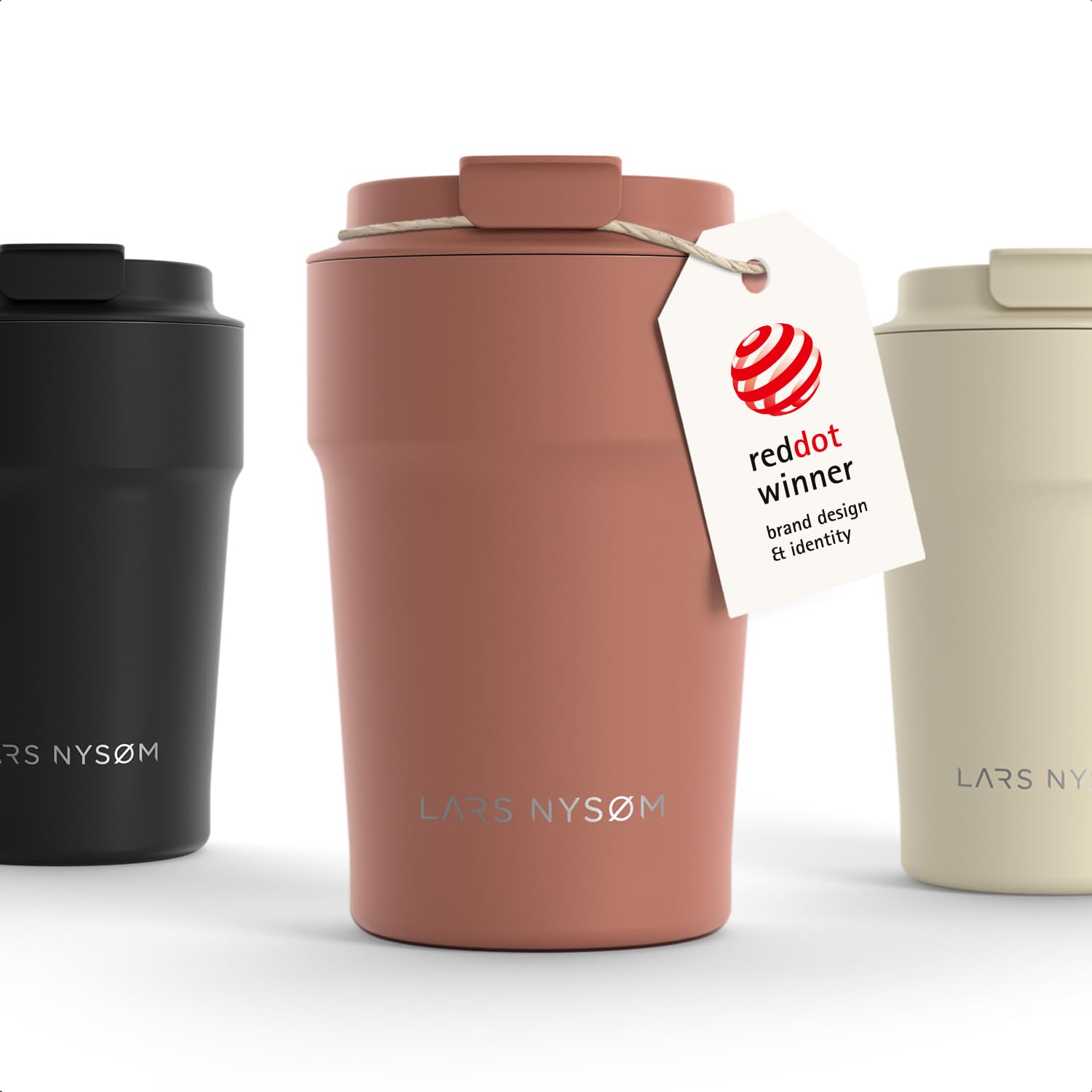 LARS NYSØM Thermo Coffee Mug-to-go 13oz | Travel Mug 0.38 L with Insulation | Silicone Grip Base | Leak Proof Stainless Steel Tumbler for Coffee and Tea on the Go (Brick Red - Powder, 380ml)