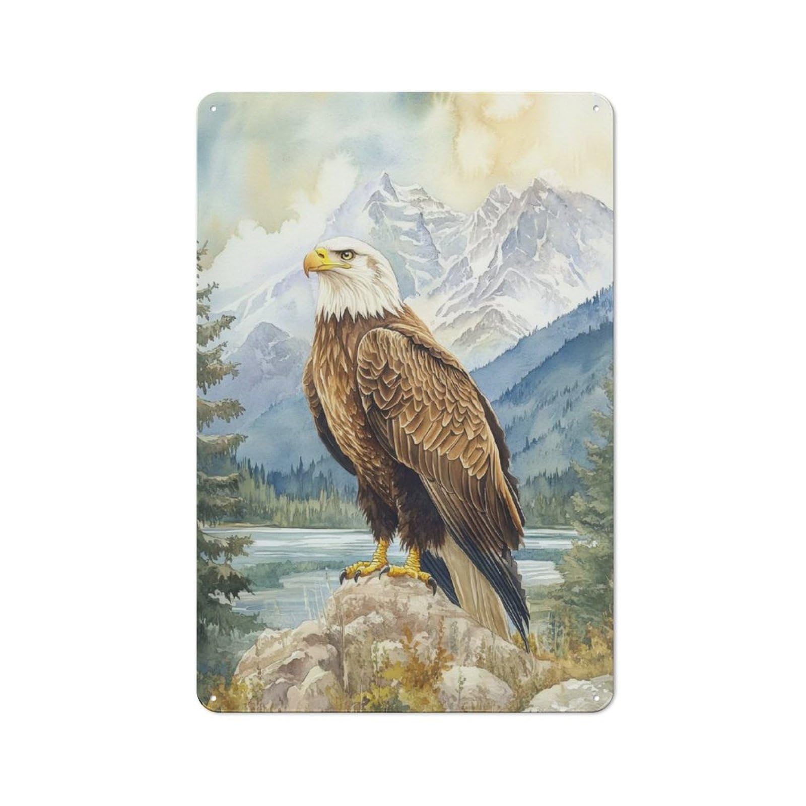Distressed Look Metal Wall Art Sign 30x20cm Featuring Bald Eagle Mountain View, Old Style Wall Plaque for Lounge, Study, Pub Or Wall Gallery