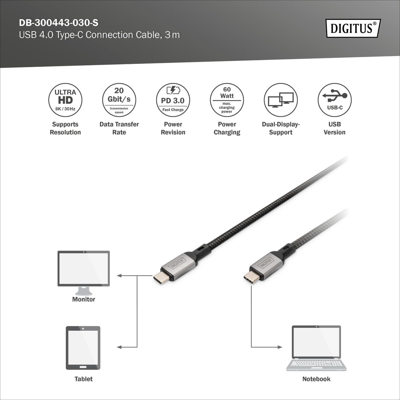 DIGITUS USB-C Connection Cable - USB 4.0 - Power Delivery 3.0-20 Gbps - 4k/60Hz - 3m - Black