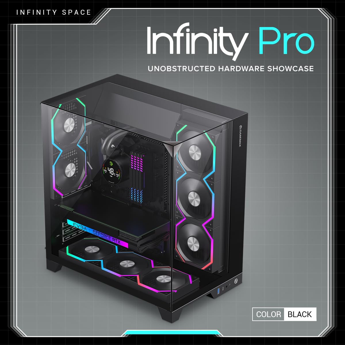 GAMEMAX Infinity PRO BK PC Gehäuse ATX Midi Tower, Panoramaglas 3-Seiten, 5X ARGB PWM Lüfter vorinstalliert, USB-C & Aura Sync, BTF Mainboard, Wasserkühlung bis 360mm – Schwarz