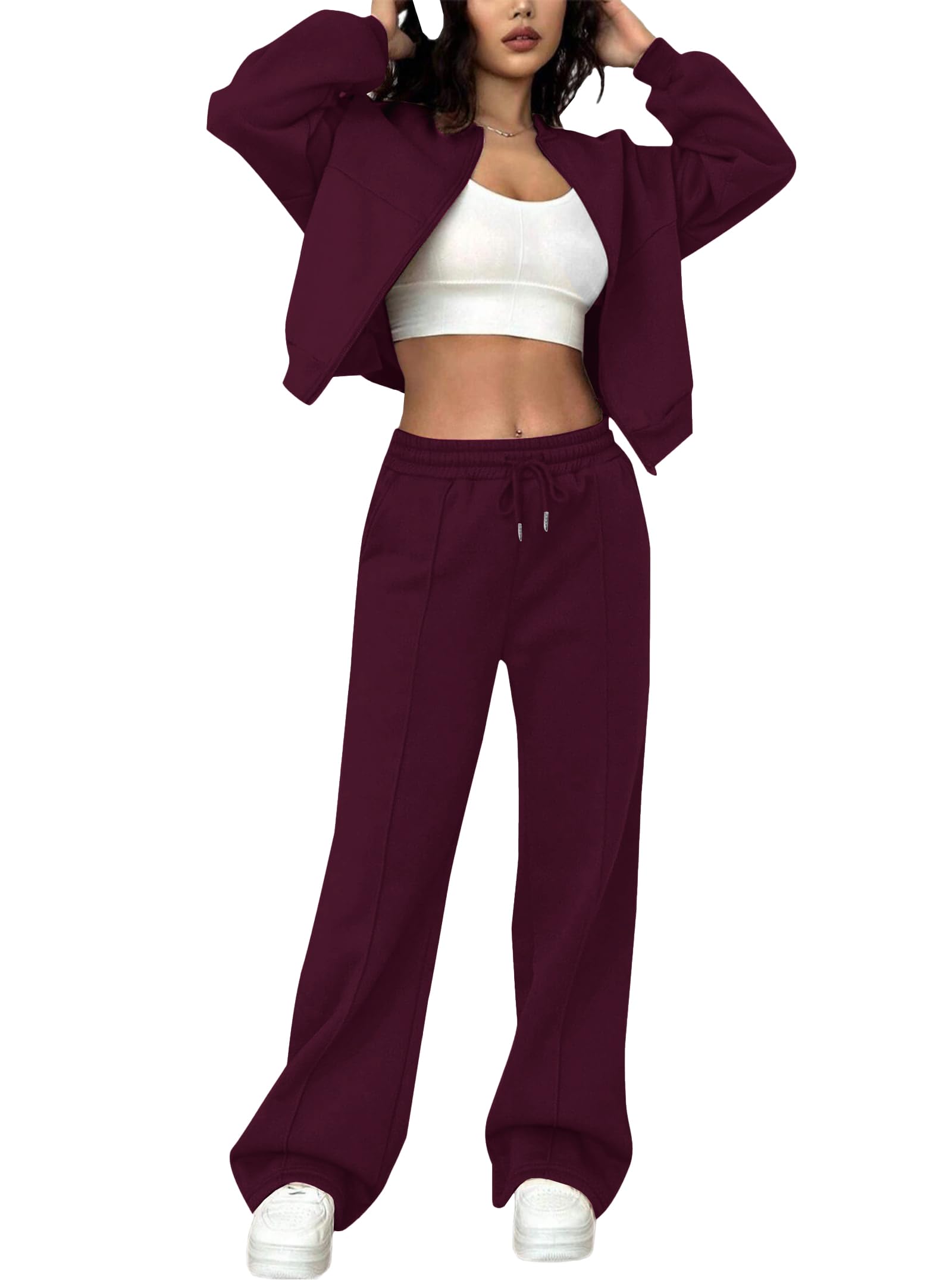 LovelyWholesale Women Sweatsuits 2 Piece Set Zip Up Sweatshirt and Wild Leg Sweatpants Set