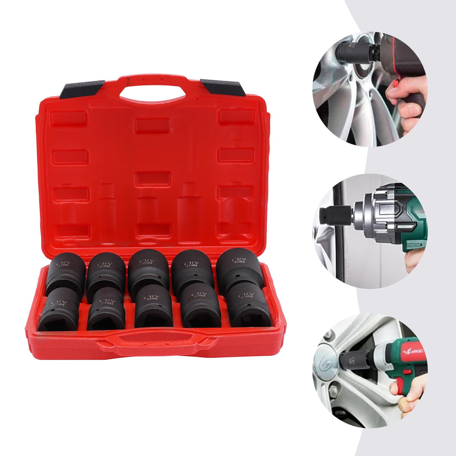 1Zoll Schlagschrauber Nüsse Satz 10PCS Kraftnüsse Set 24-46mm Metrischer Antrieb Werkzeug Set mit Aufbewahrungskoffer für Luftfahrt, Automobilen, Dampfturbinen, Computer