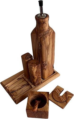 Miniatura 5 de Juego de botellas de aceite de madera de olivo orgánico y salero y pimentero: elegancia rústica para tu cocina