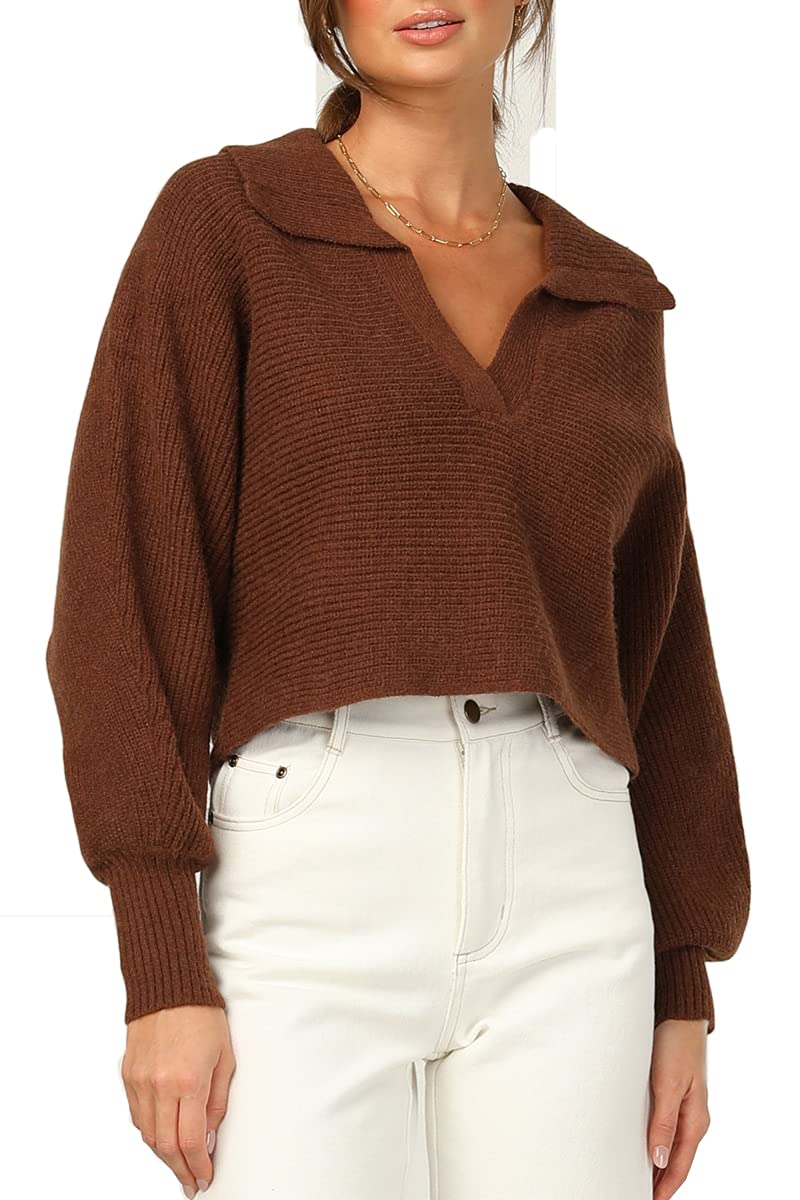 CHYRII Women Overized Puff Long Sleeve V Neck Knitted Polo Pullover Sweater Jumper Tops