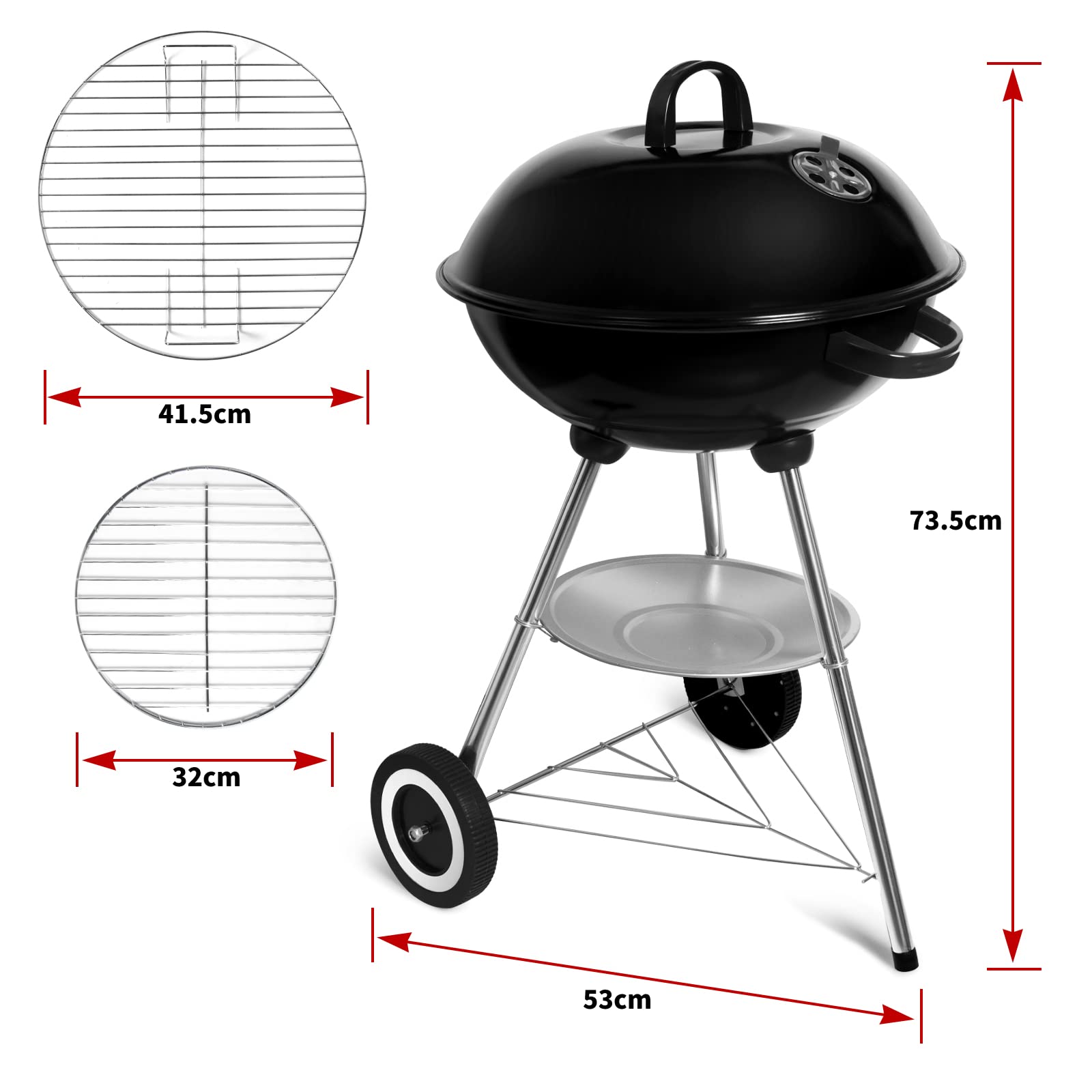 Holzkohlegrill, Kugelgrill mit Deckel, Rundgrill mit Rädern und Griff, BBQ Grills Campinggrill, Schwarz