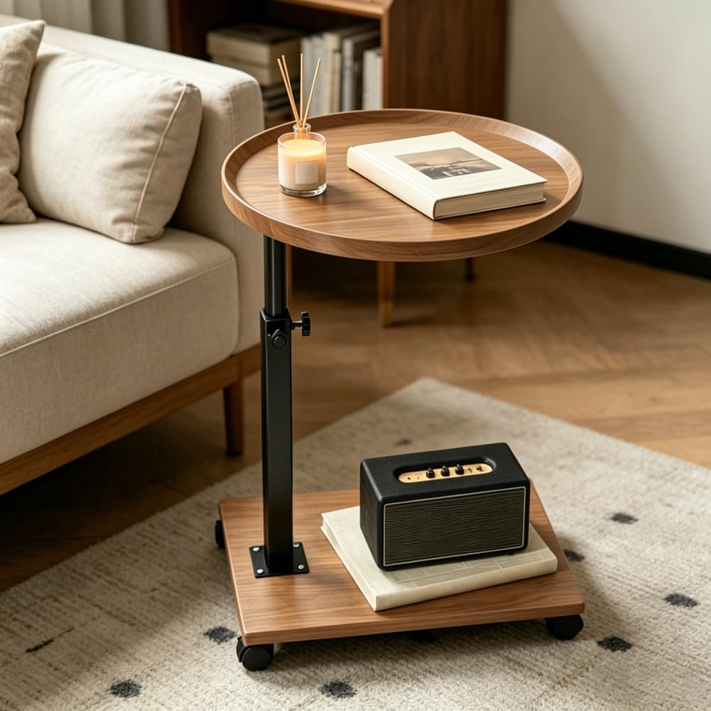 Tavolino girevole a 360°, tavolino con ruote, altezza regolabile 45-80 cm, forma a C, tavolino rotondo piccolo per divano, letto e ufficio (colore legno naturale)