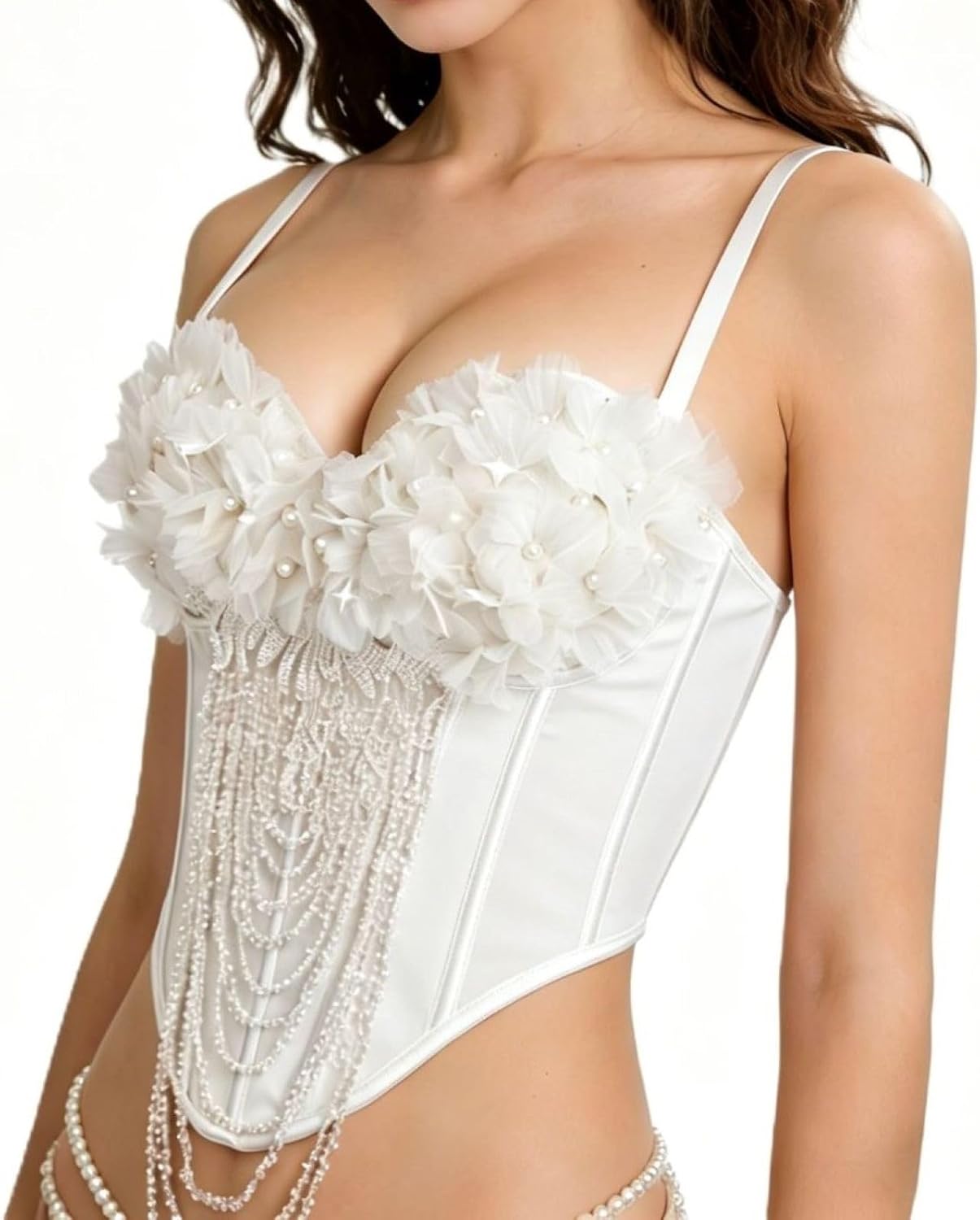 Women's Bustier Tops Handmade Floral Tassel Pearls Underwire Boned Adjustable Strap Push up Corset Top for Party