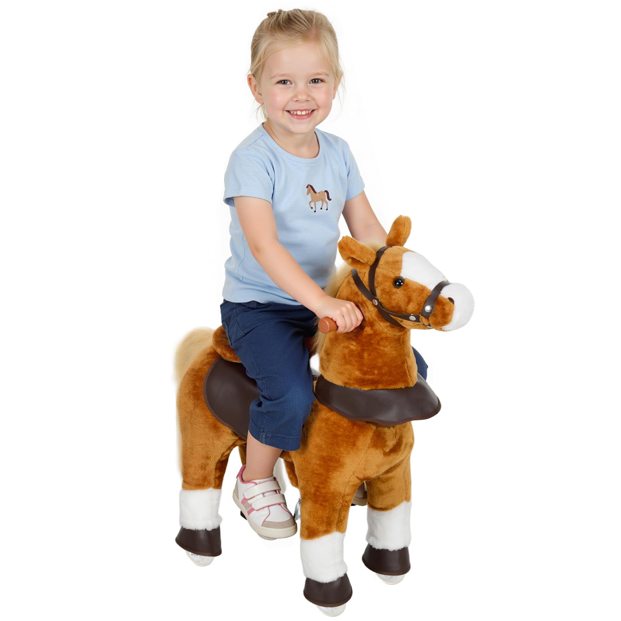 Qaba Cavallo dondolo ruote bambini 3-5 anni fino 60 kg Marrone | Giocattolo cavallo da passeggio, peluche cavalcabile, suono del nitrito