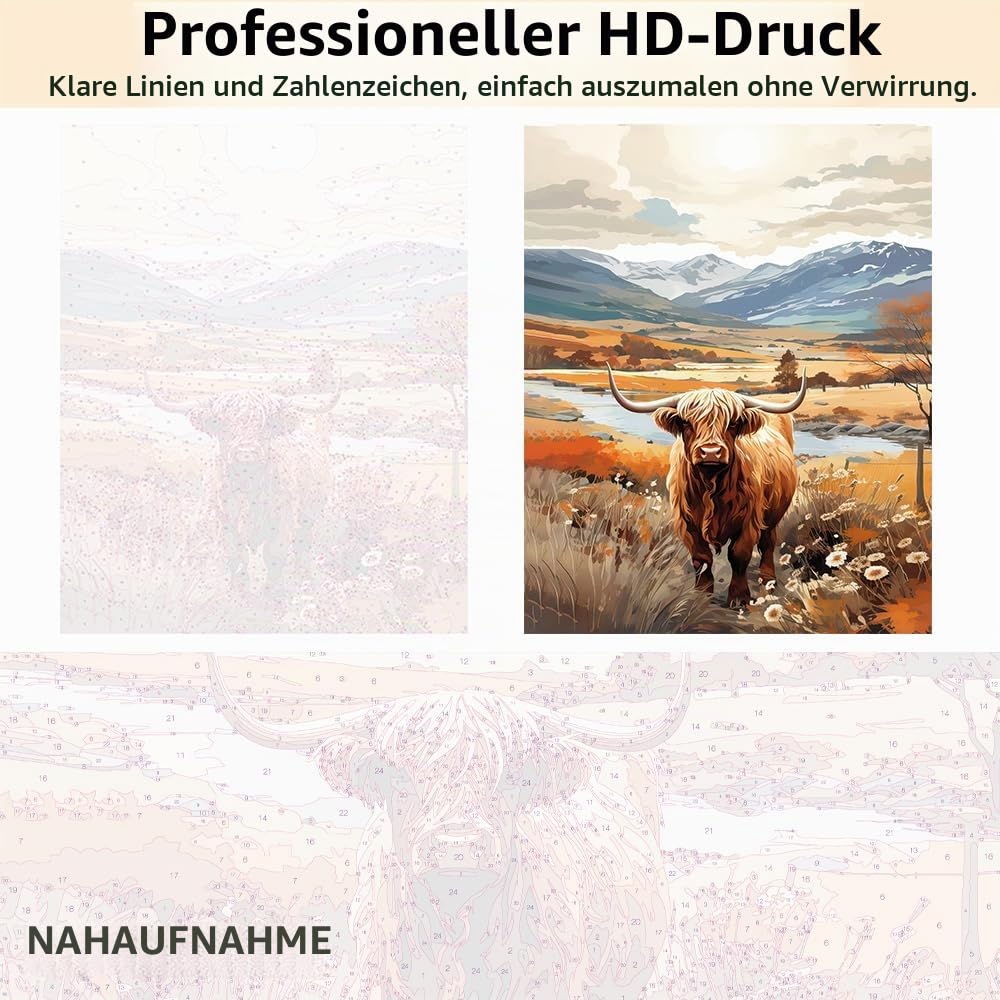 DIY Rahmen Malen nach Zahlen Erwachsene mit Pinseln Hochland Kuh Öl Hand Malen Tiere Erwachsene Malen nach Zahlen Landschaft Malen nach Zahlen Kits auf Leinwand 40 x 50 cm