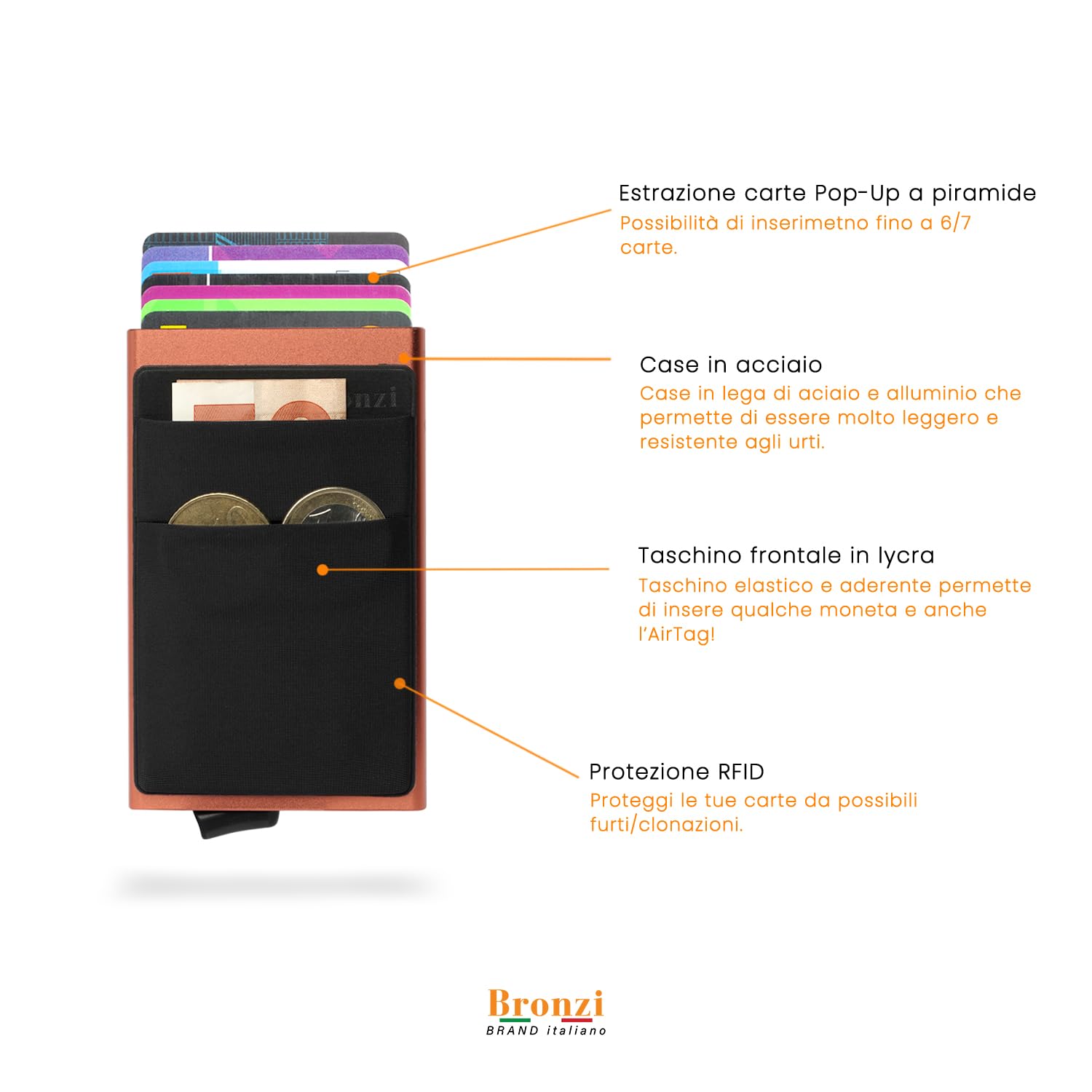 Bronzi® Portafoglio Porta badge Uomo Donna Slim Porta Carte Credito - Protezione RFID - Mini Portatessere tascabile smart schermato (Arancione-Nero)