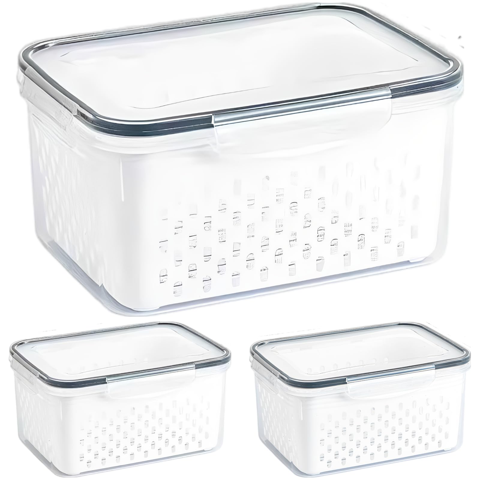3 Stk. Frischhaltedosen für Obst für den Kühlschrank, transparente Kunststoffboxen mit auslaufsicherem, abnehmbarem Abtropfsieb, luftdichten 4-Klapp-Deckeln, für Beeren und Gemüse, S, M, L