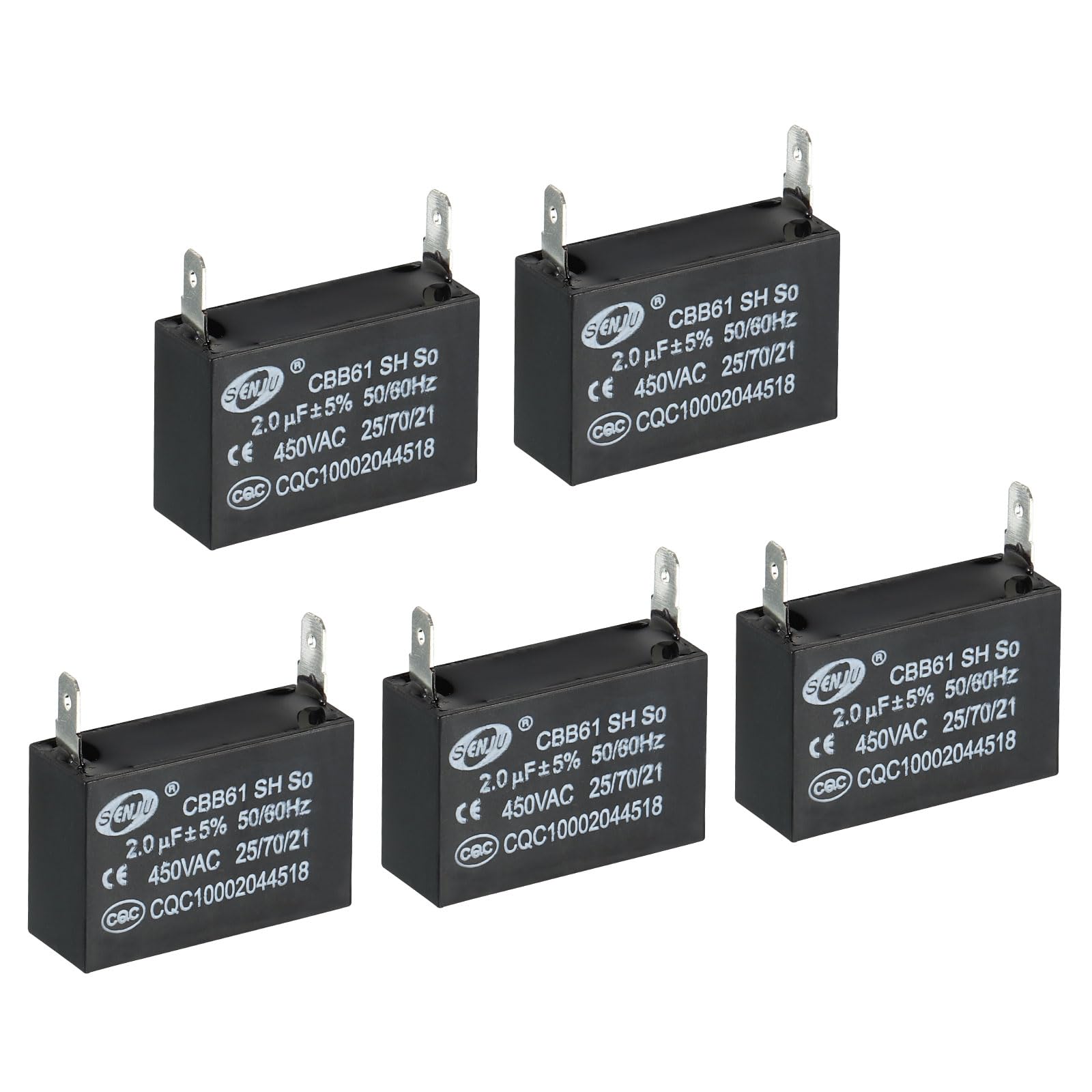 PATIKIL CBB61 Ceiling Fan Capacitor, 5Pcs 2uF 450V AC 50/60HZ Single Insert with 2pins for Air Conditioner Fan Motor Star Run Capacitors 37 x 26 x