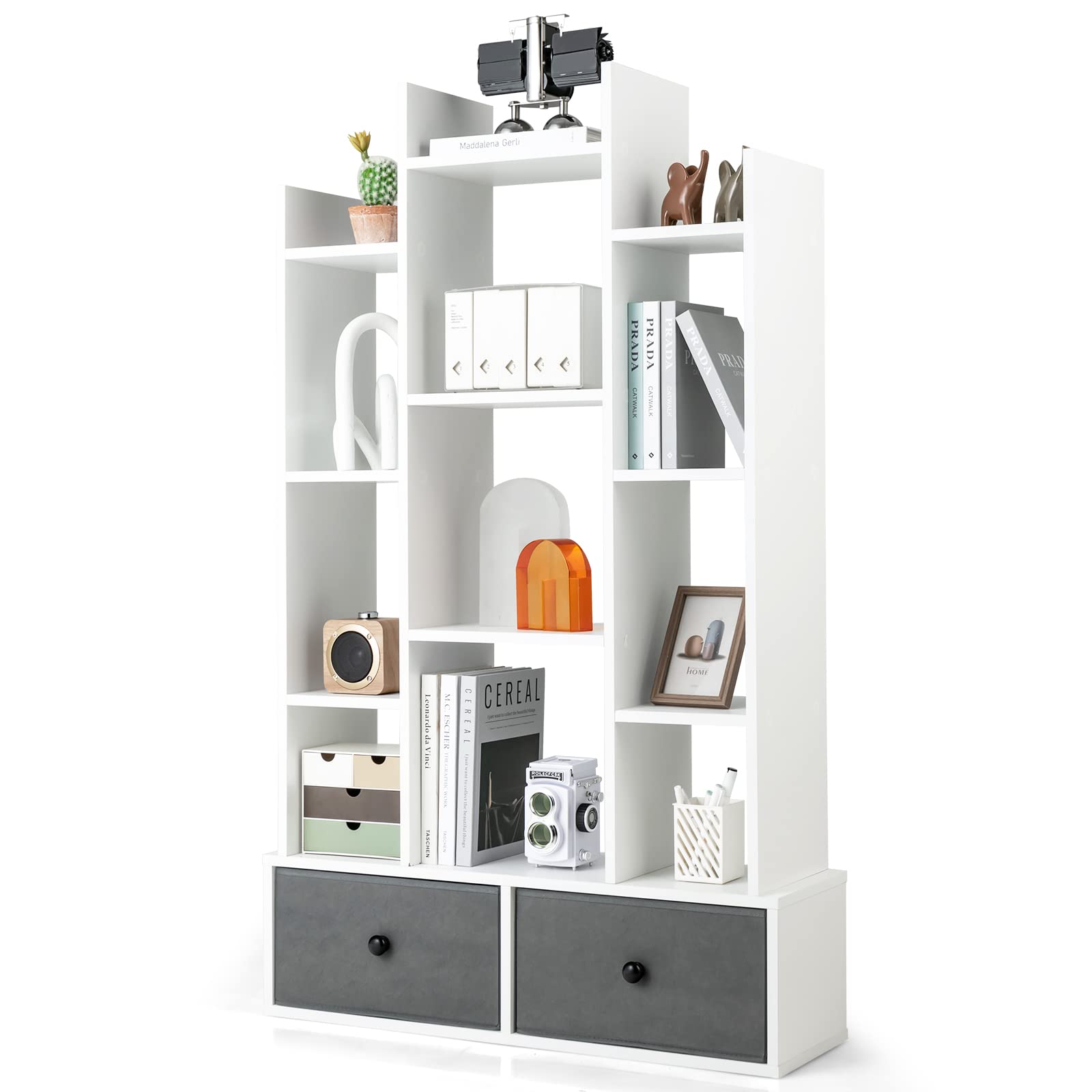 COSTWAY Tree Bookshelf, 7/12-Tier Wooden Bookcase Storage Shelving Unit with Folding Drawer, Freestanding Magazine Book Display Rack for Home Office Living Room (White with 2 Drawers, 12-Tier)