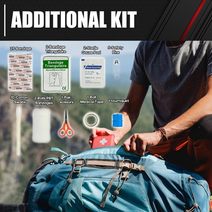 Miniatura 3 de C&T Kit de emergencia para automóvil de 90 piezas, kit de emergencia y primeros auxilios en carretera con compresor de aire, cuerda de remolque, kit