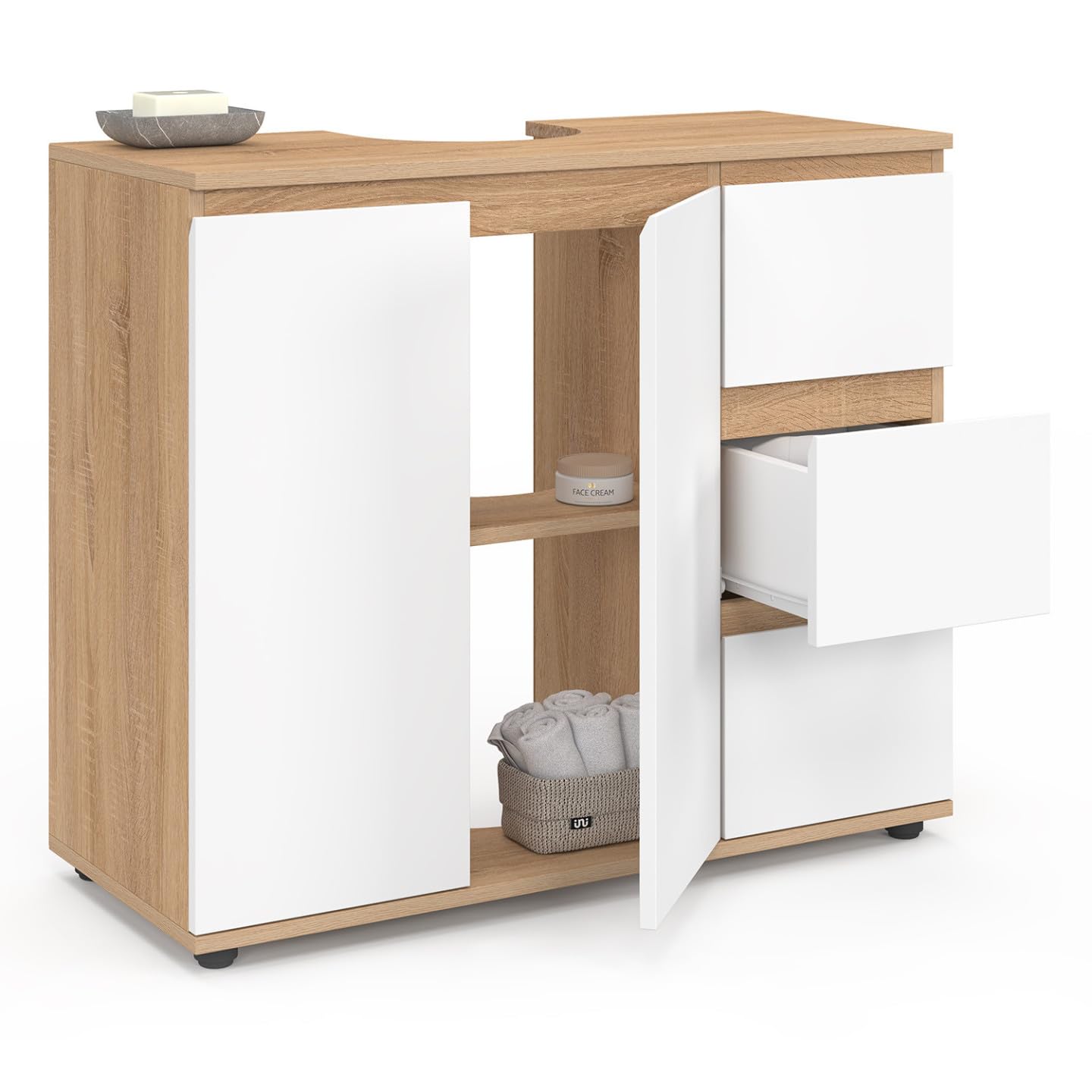 IDMarket - Meuble sous lavabo Salle de Bain TOMI avec Placard et 3 tiroirs façon hêtre et Blanc