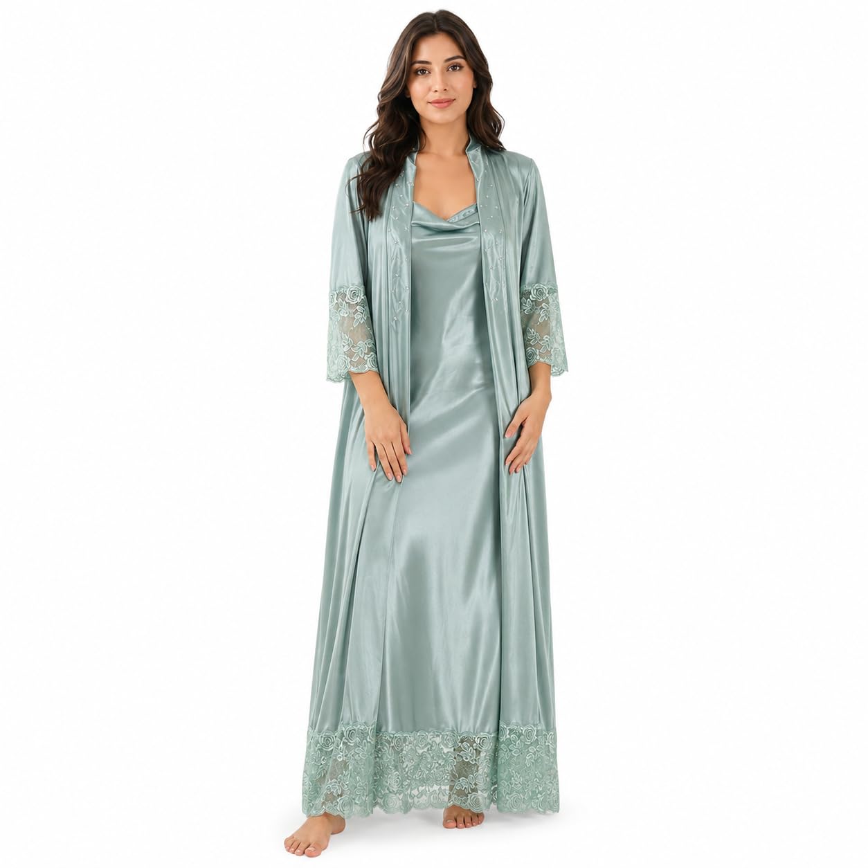 Women's Satin Maxi Night Dress Full Sleeve Gown Comfortable & Fancy Sleepwear for Ladies Ankle Length Nightwear 2pcs Set with Robe | Elegant Nightdress for Romantic Night & Wedding Night-picture-18