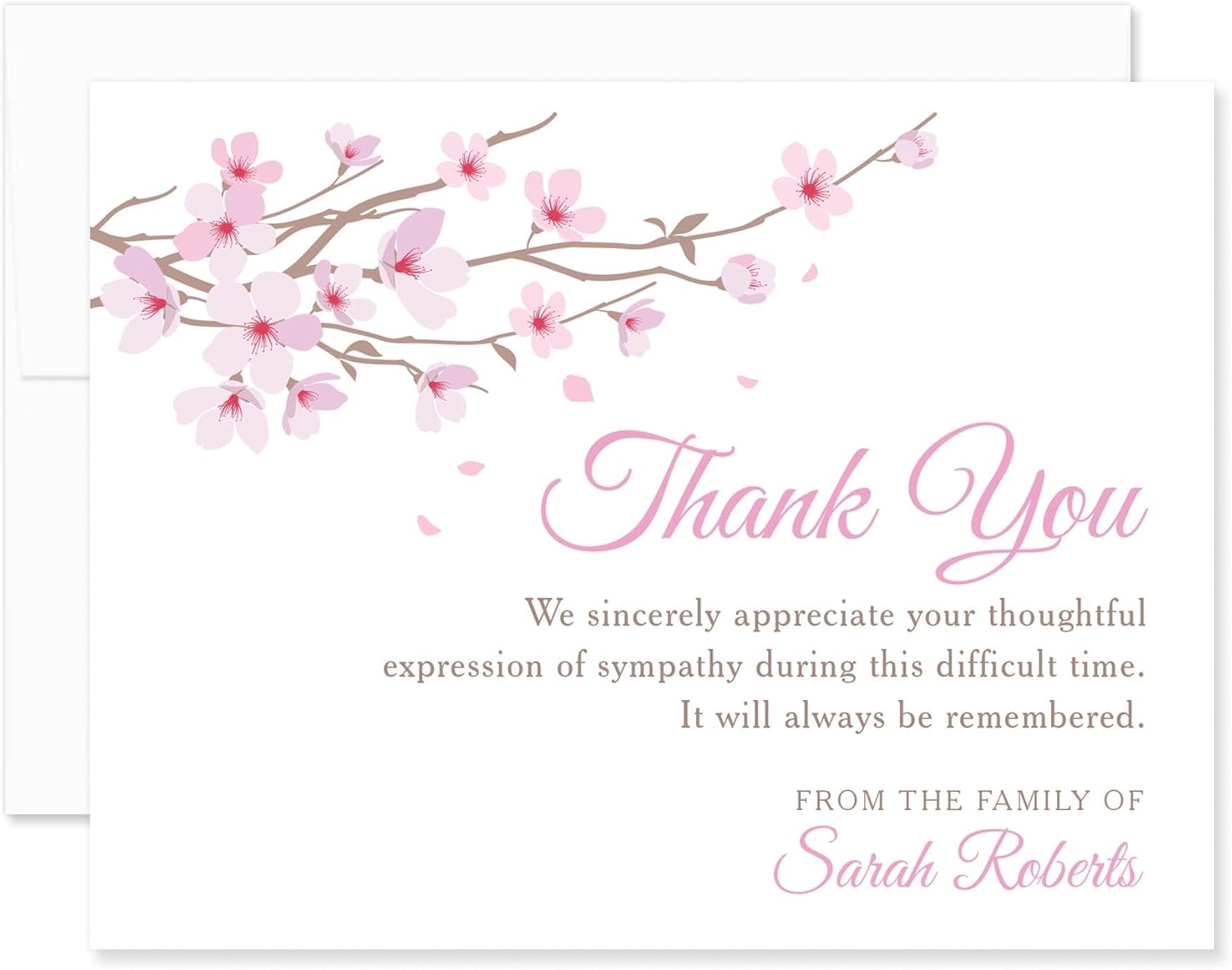 Pink Cherry Blossom Sympathy Thank You Cards, 5.5x4.25 Personalized Memorial Funeral Bereavement Cards with Envelopes (Folded Card)