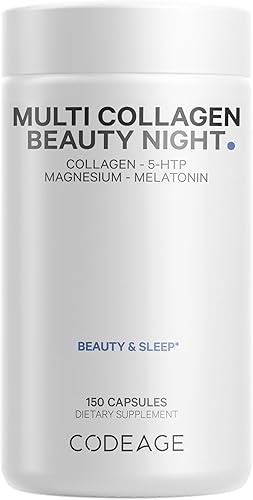 Miniatura 1 de Codeage Cápsulas de complejo nocturno de melatonina y magnesio multicolágeno, 5-HTP, L-teanina, suplementos vitamínicos, pastillas de colágeno