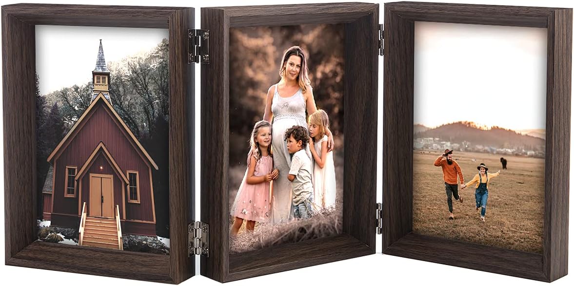 5x7 Triple Hinged Beveled Picture Frames Wood Real Glass 3 Vertical Opening Family Lover Gift, Brown