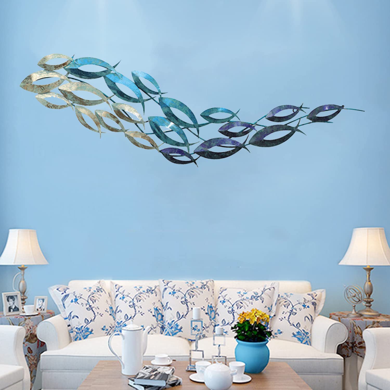LMYSXAOZ 3D Metal Fish Wall Sculptures, Abstract Blue Marine Decor, Retro School of Decoration for Coastal Beach Vacation House Or Boat Decor Art,180 * 45cm