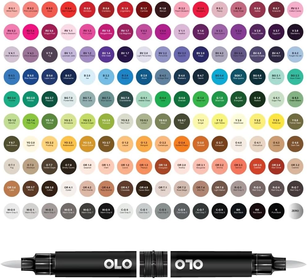 OLO 160 Color Set, Brush Tip Alcohol Markers. Customizable with Innovative Ink Flow. Professional Dual Tip Art Markers for Illustration, Sketching, Drawing, Manga, Paper Craft, Cardmaking