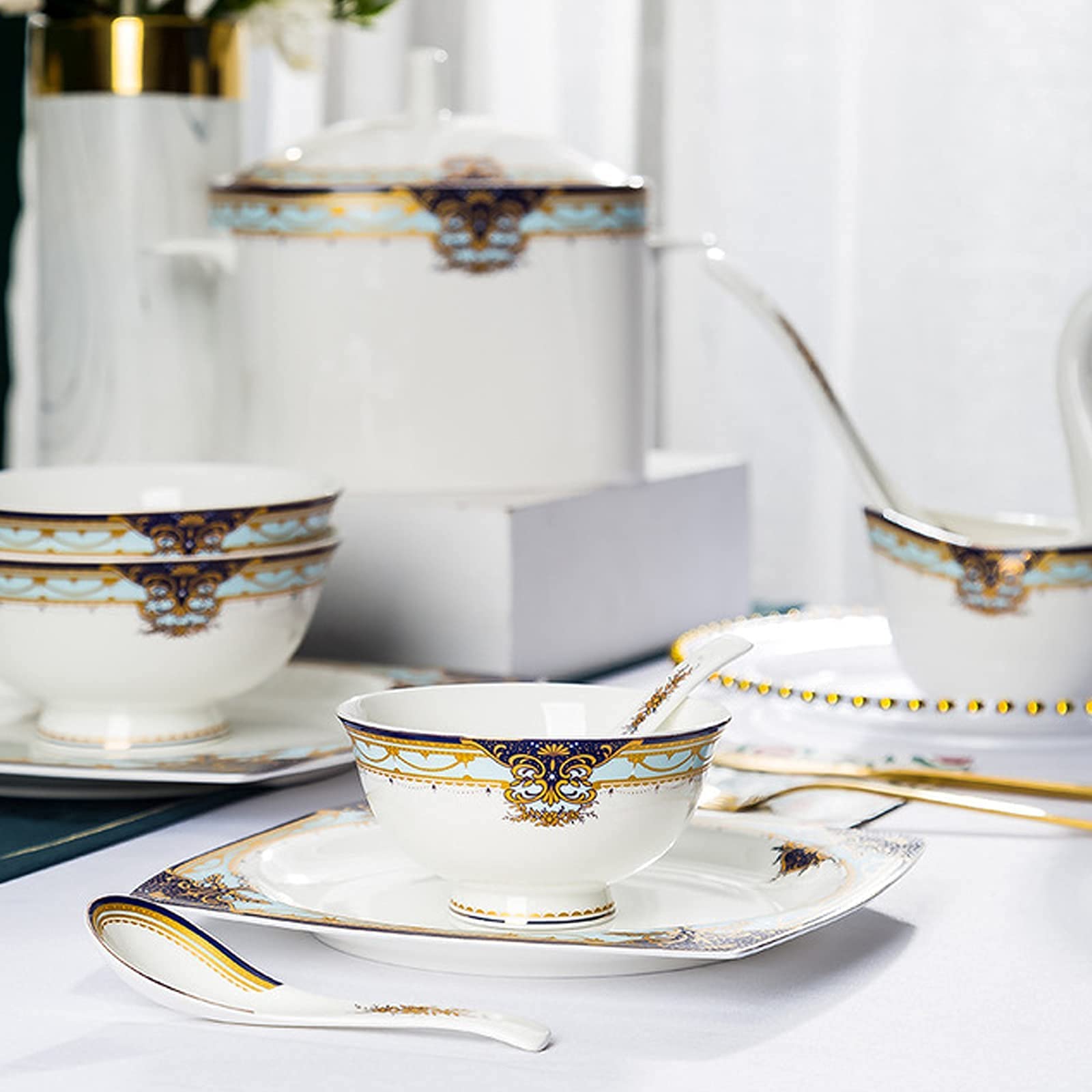 Zestaw Ceramicznych Naczyń Obiadowych W Stylu Retro, Piękny Zestaw Z Porcelany W Kolorze Złotym I Białym, Idealny Na Domowe Przyjęcie, Wesele, Hotel, Boże Narodzenie