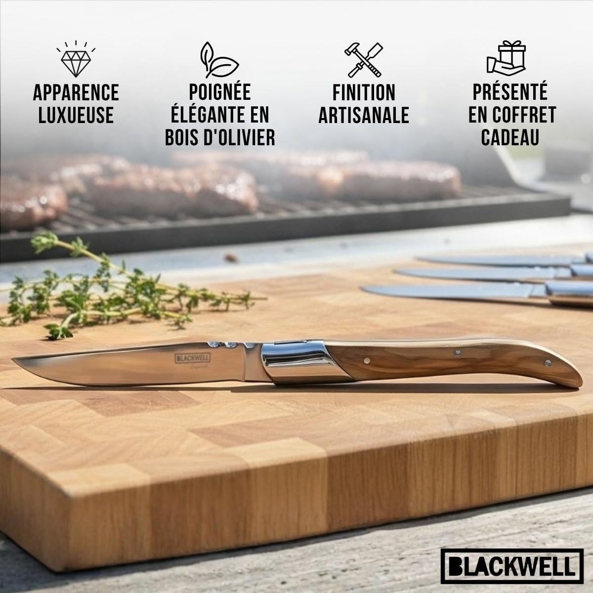 Blackwell Laguiole Lot de 6 couteaux à steak | Bois d'olivier | Lame lisse en acier inoxydable | 22,5 cm | Avec boîte cadeau