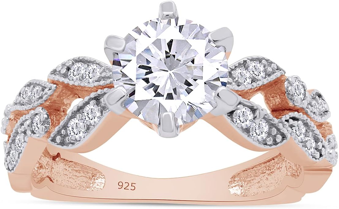 SAVEARTH DIAMONDS 6MM Center, Round Cut Sparkling White Cubic Zirconia Floral Leaf Cluster Engagement Ring In 14k Gold Over Sterling Silver Jewelry For Women Wedding