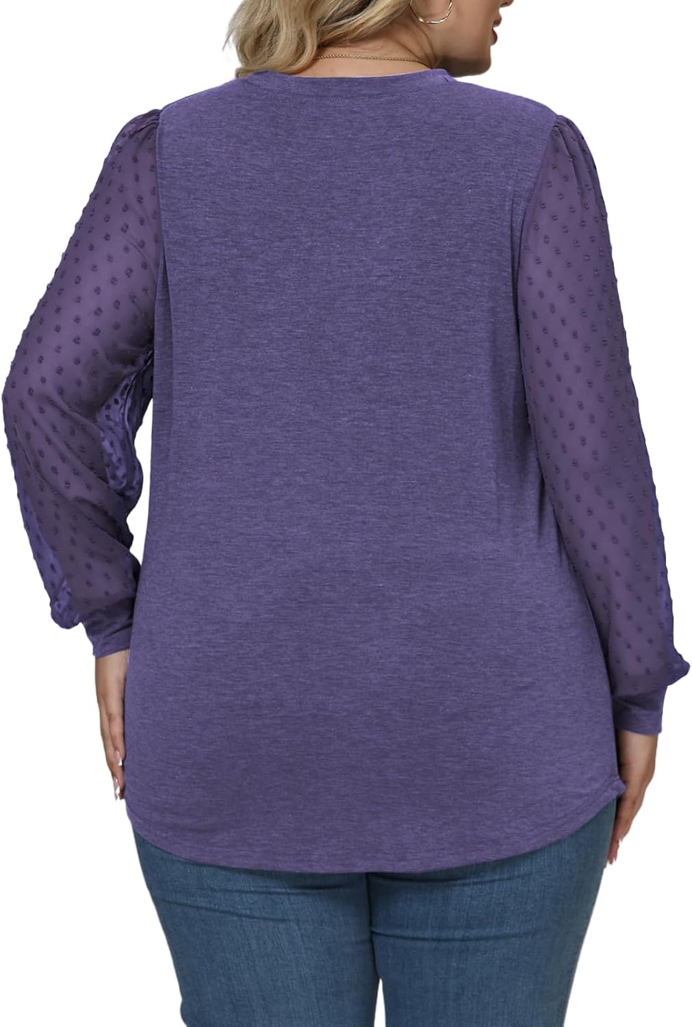 VISLILY Womens-Plus-Size-Tops Dressy Swiss Dotted Puffy Sheer Long Sleeve Blouses Casual Crewneck T Shirts Loose Tunics 1X-5X - Image 3
