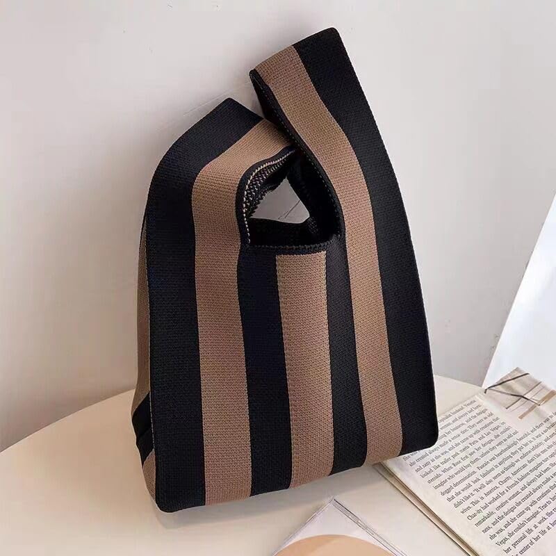 Image of Women Knitted Hobo Purse Stripes Crocheted Colorblock Knot Light Wristlet Tope-hanle Handbag For Shopping Work School