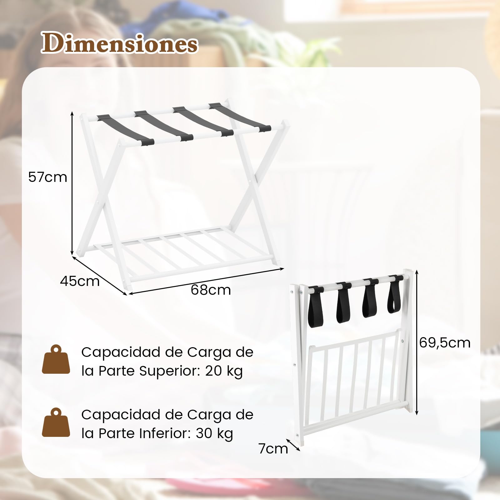 COSTWAY Soportes para Maletas Plegable, Estante Bastidor para Equipaje de Metal con 4 Correas para Hogar Hotel, Portaequipajes Plegable para Maleta, Reposa Maletas Hotel, 68 x 43 x 58 cm (2, blanco)