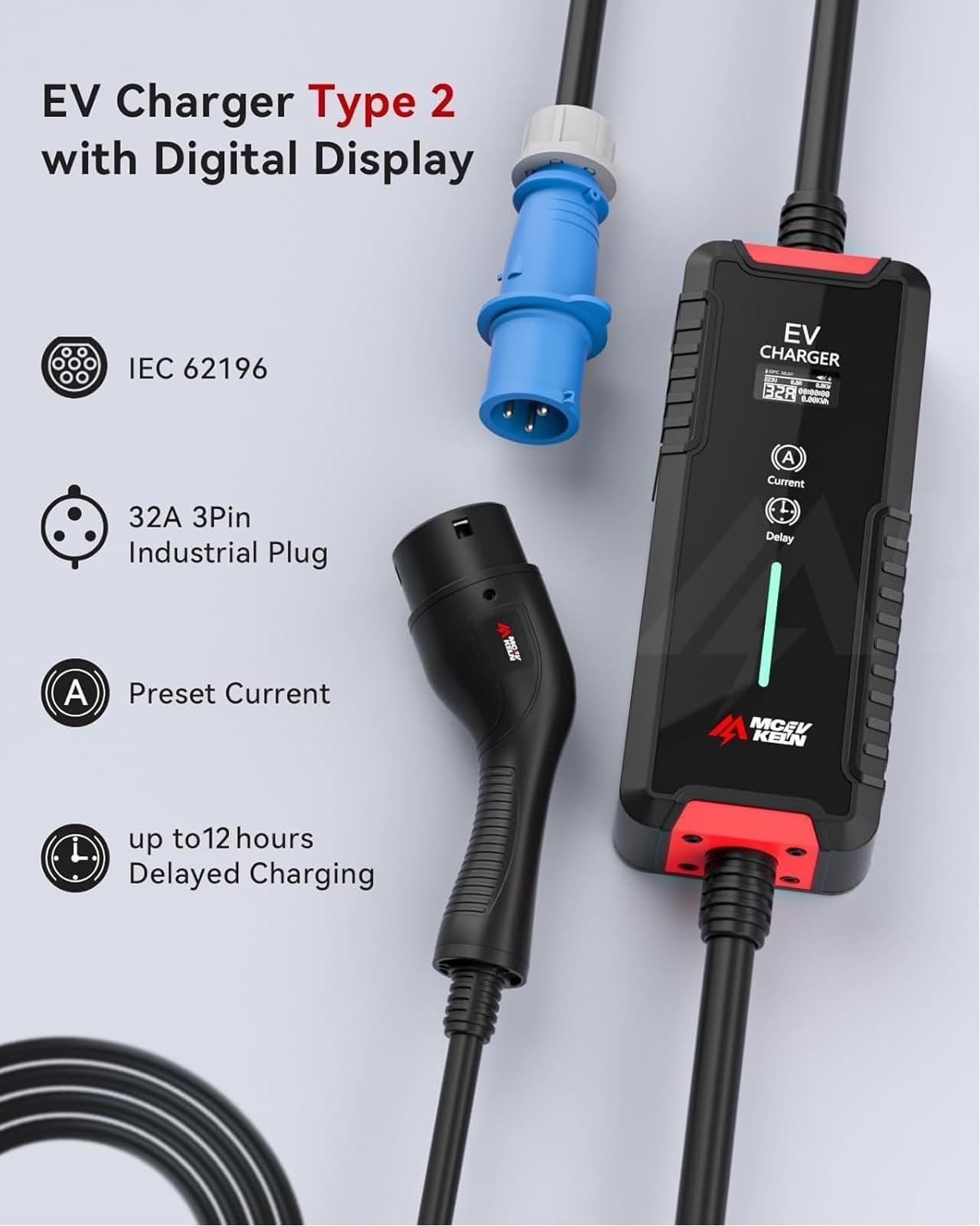MCEVKELN EV Caricatore Tipo 2 7KW, 10M Cavo Ricarica Auto Elettrica Tipo 2 CEE(3Pin) con Scatola Commutabile 6-32A, 10M EV Charger Portatile IEC 62196-2 Stazione Caricabatterie EV