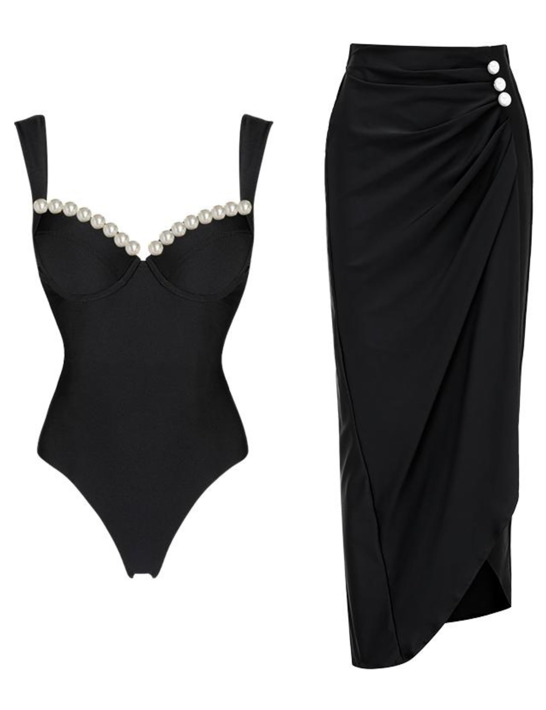 FLAXMAKER Black Double Shoulder Straps Chest Pearl One Piece Swimsuit and Skirt